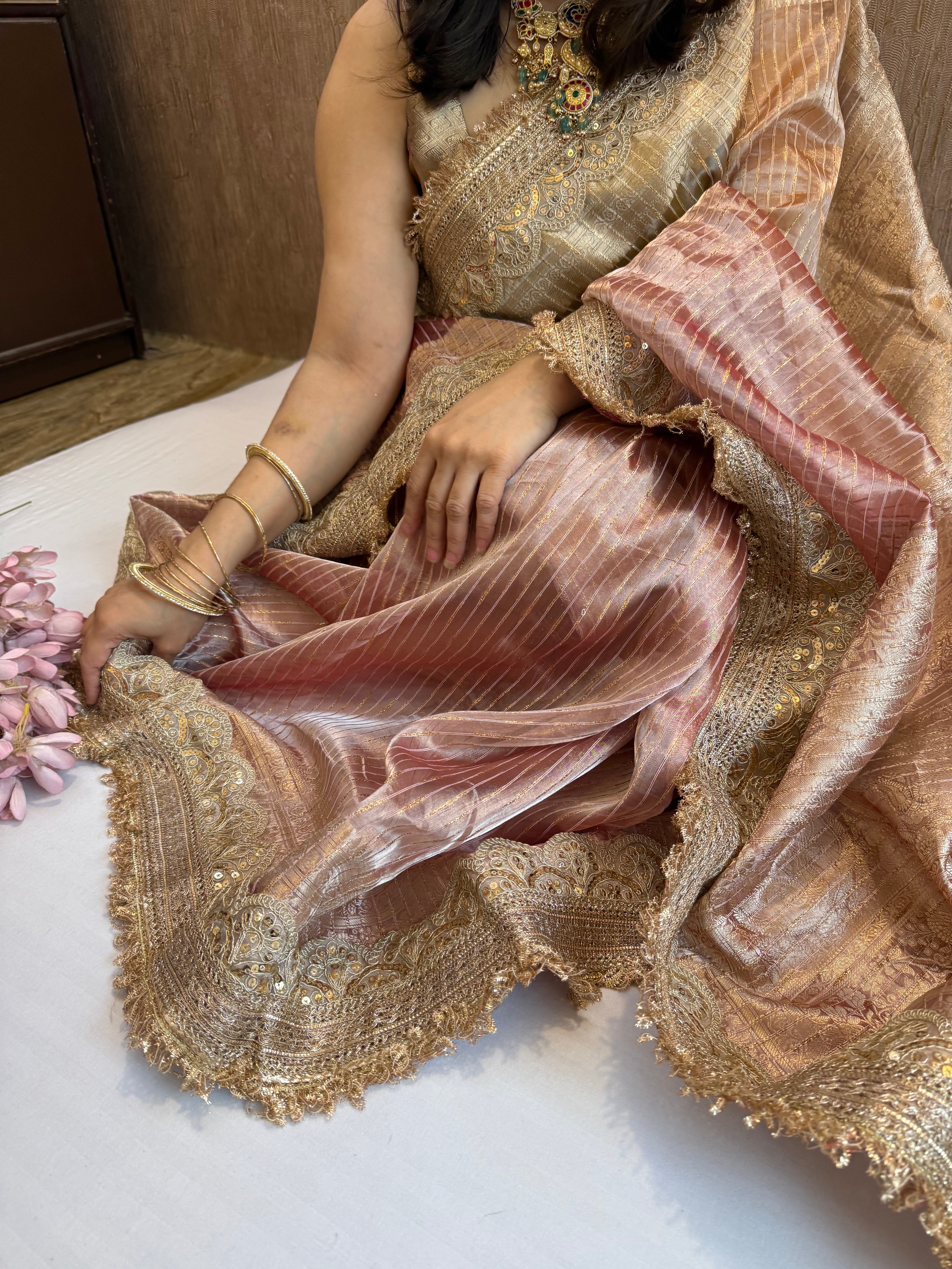 Maharani rang birangi tissue silk zari striped kadhwa saree