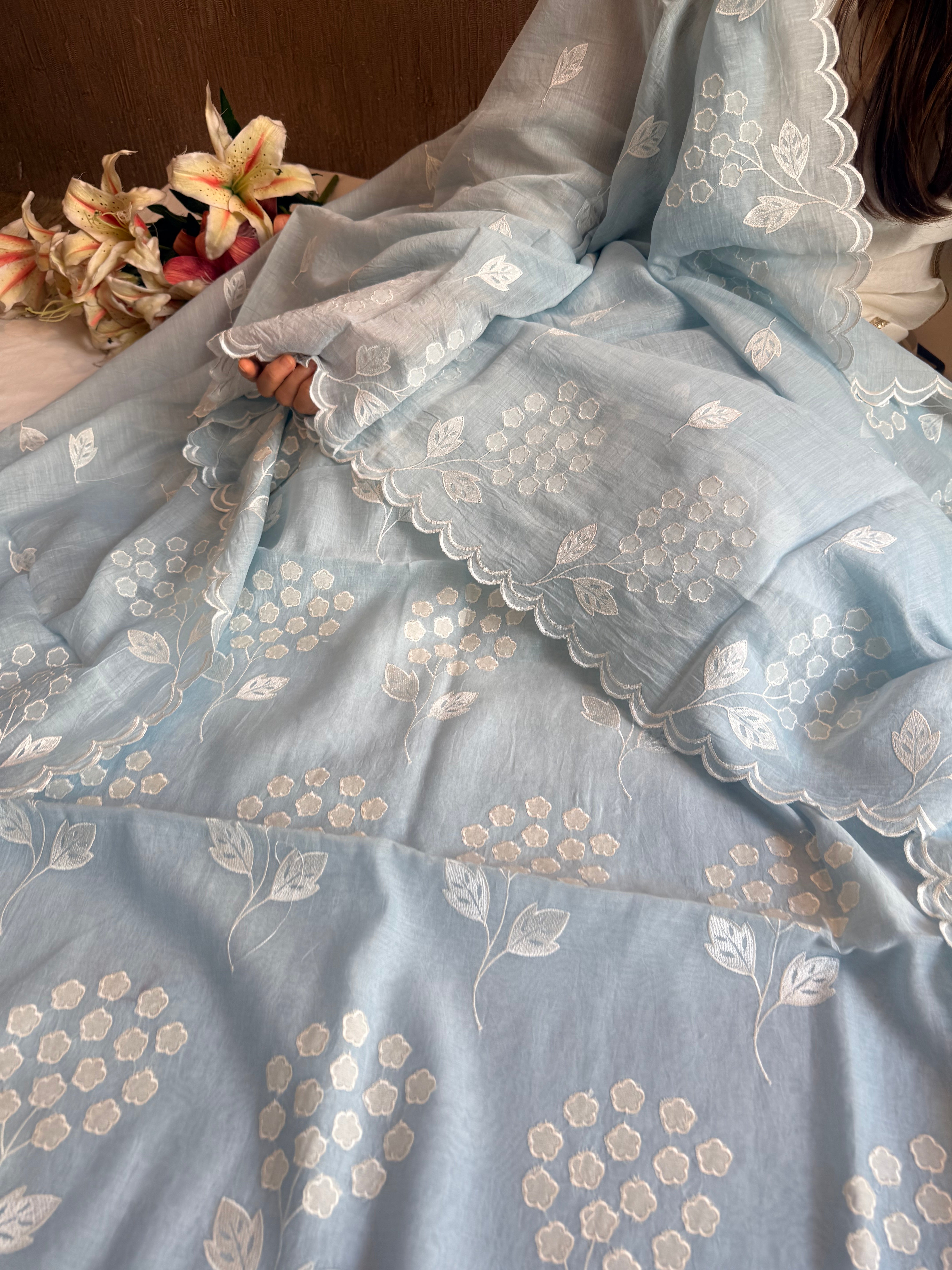 Alia bhatt inspired banarasi mulmul appliqué work suit set