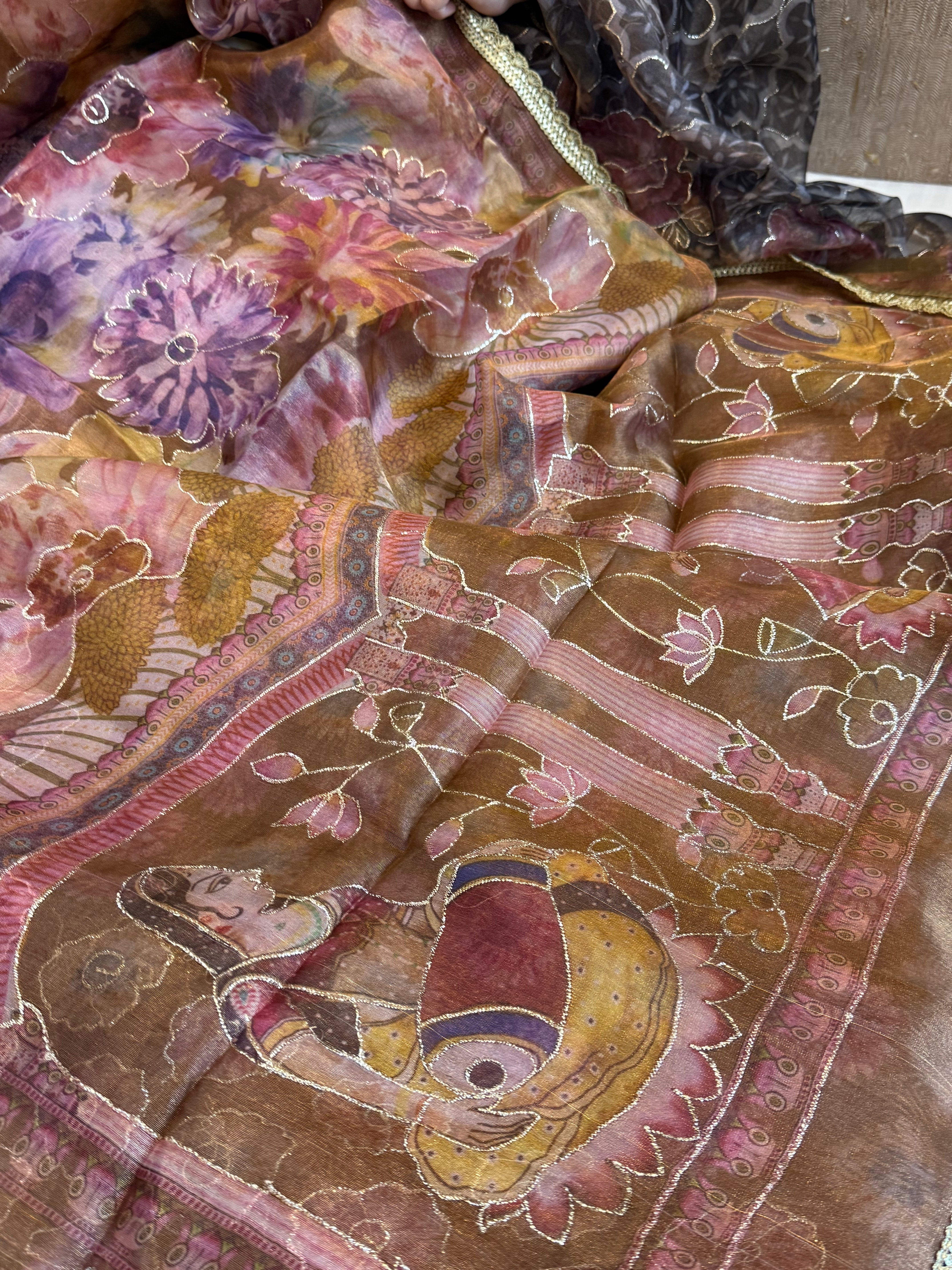 Printed banarasi tissue silk hand embroidered kadhwa saree