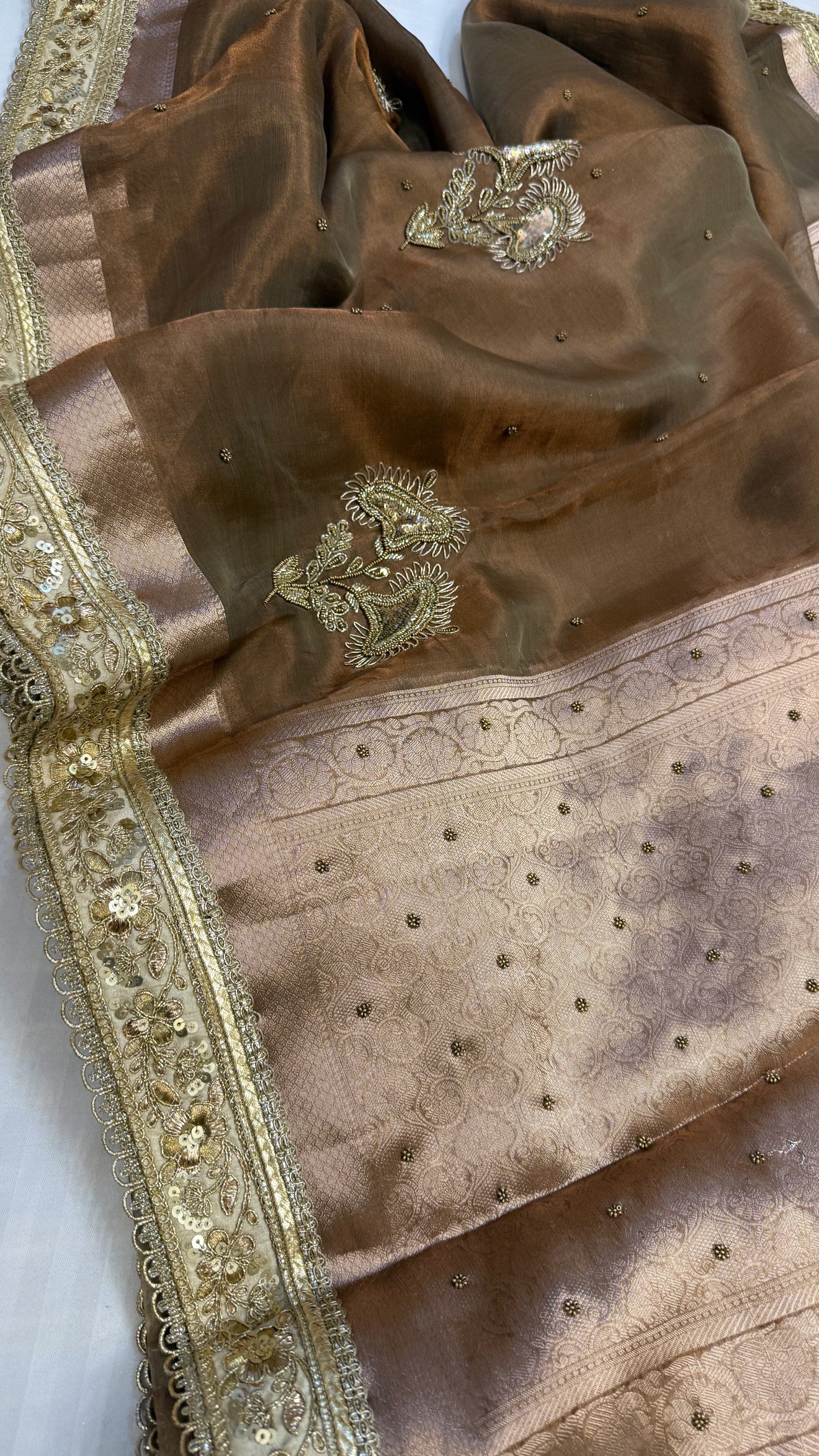 Cocktail wali saree - Dusty beige tissue silk heavy hand embroidered saree