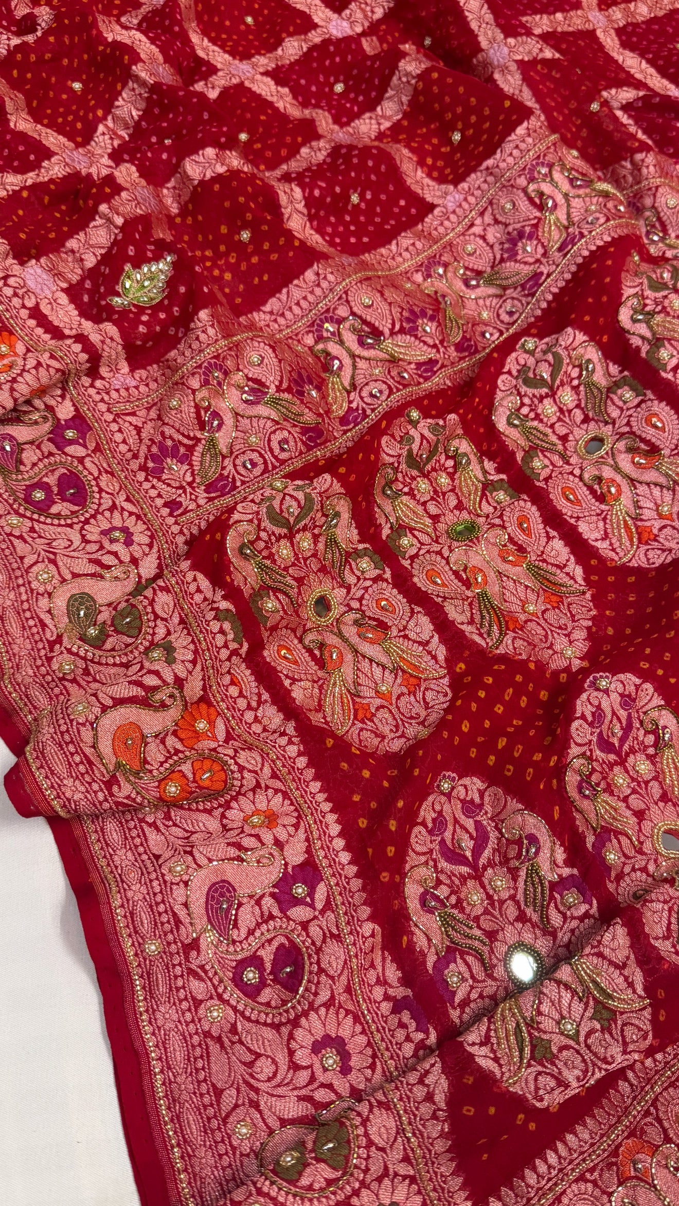 Red banarasi chiffon gorgette kadhwa hand embroidered gharchola weaving saree