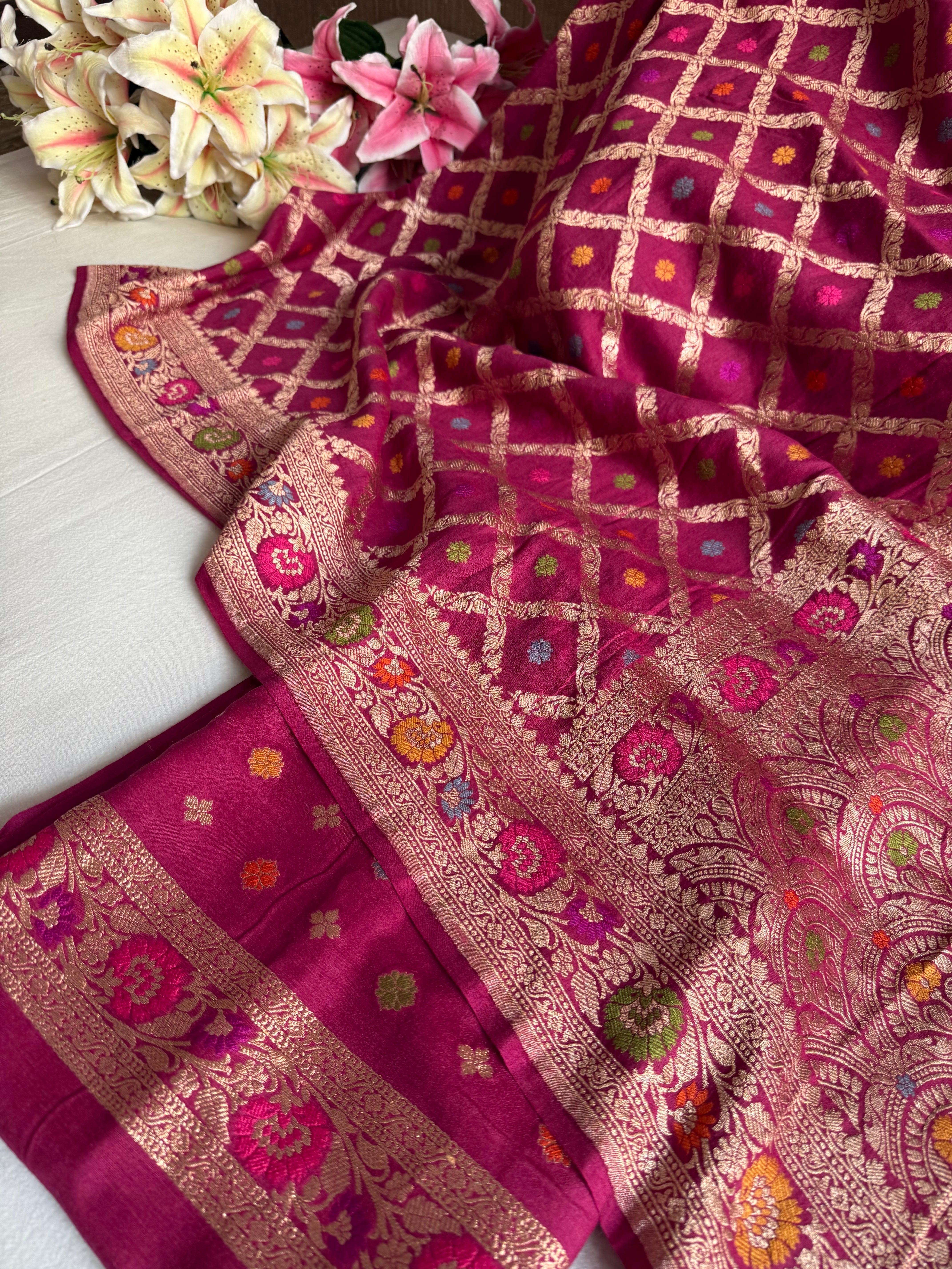 Moonga silk cranberry shade chaukadi duppata with meenakari kadhwa weaving