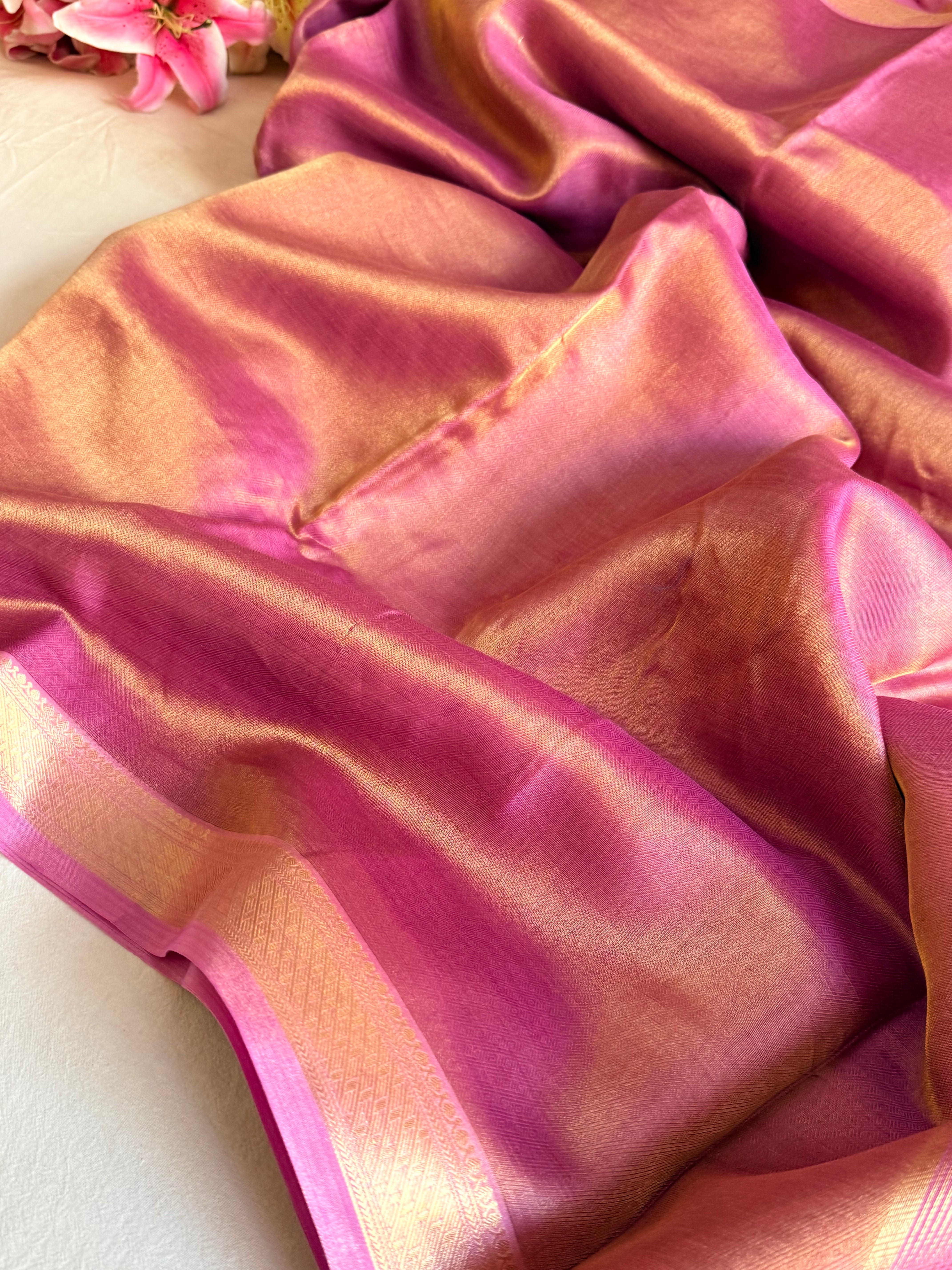 Below 10k - Banarasi pashmina tissue gorgette soft silk kadhwa border saree