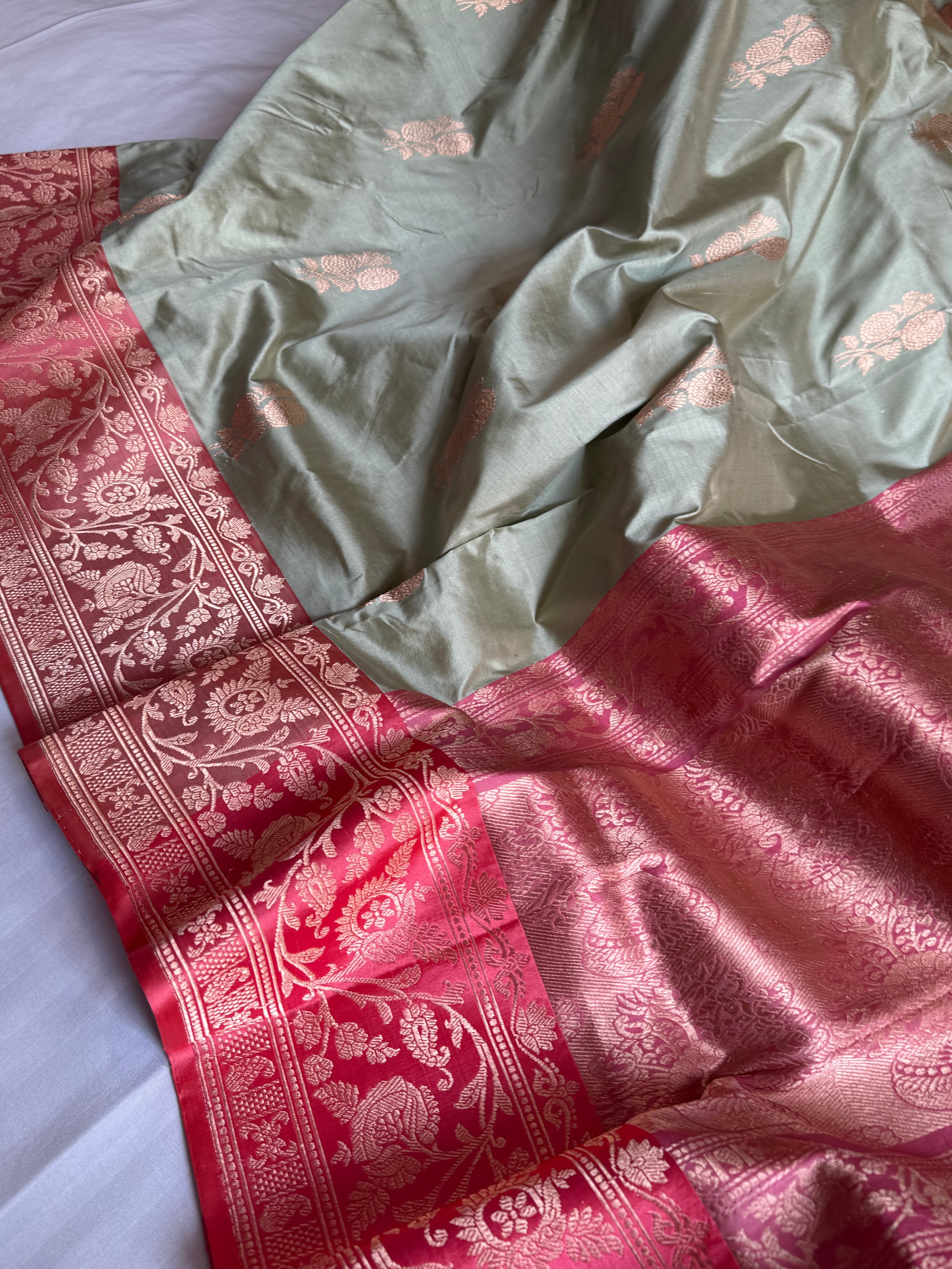 Mint green-peach contrast border katan kadhwa silk saree