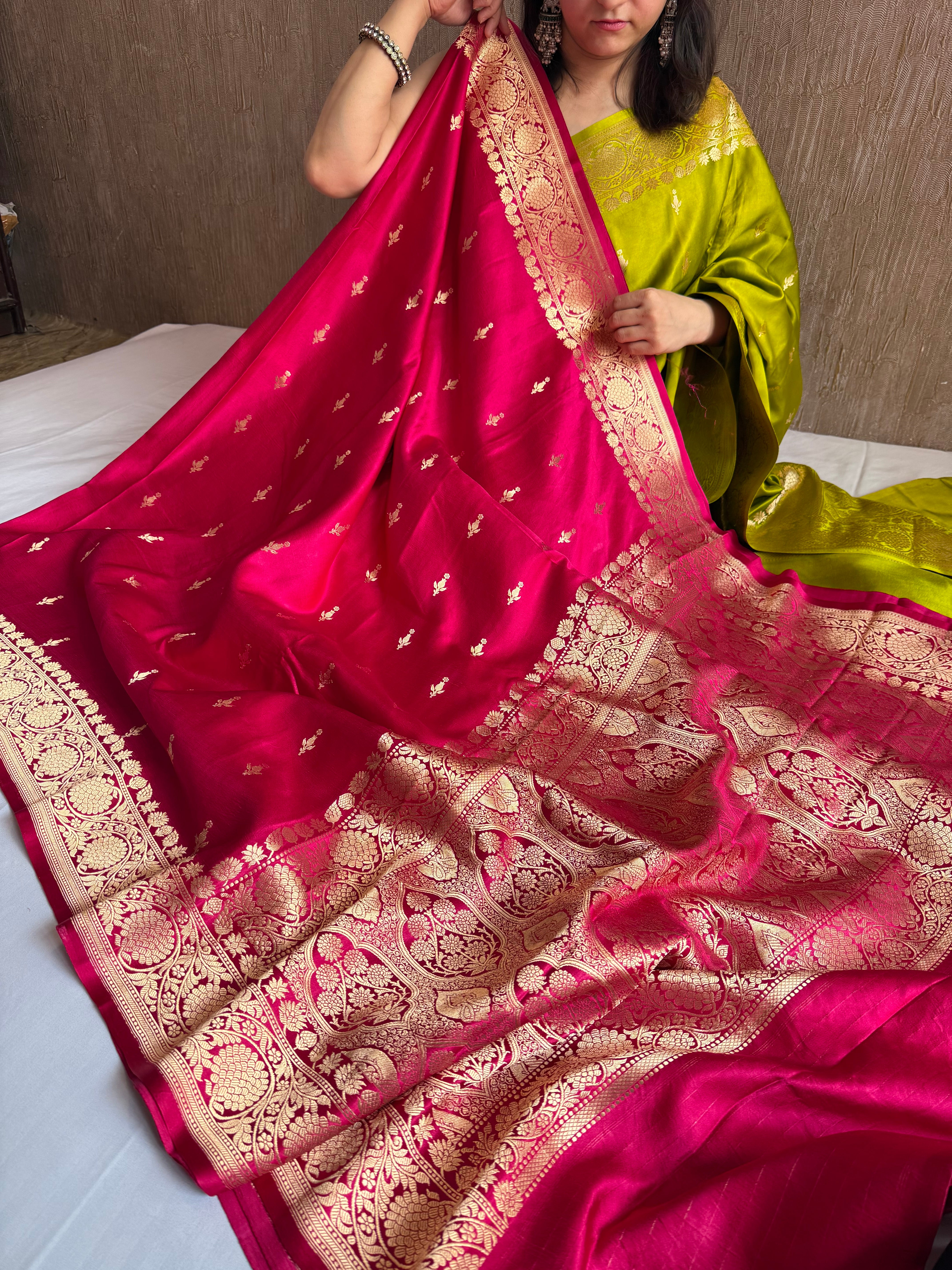 Hot pink banarasi mashru silk kadhwa border saree