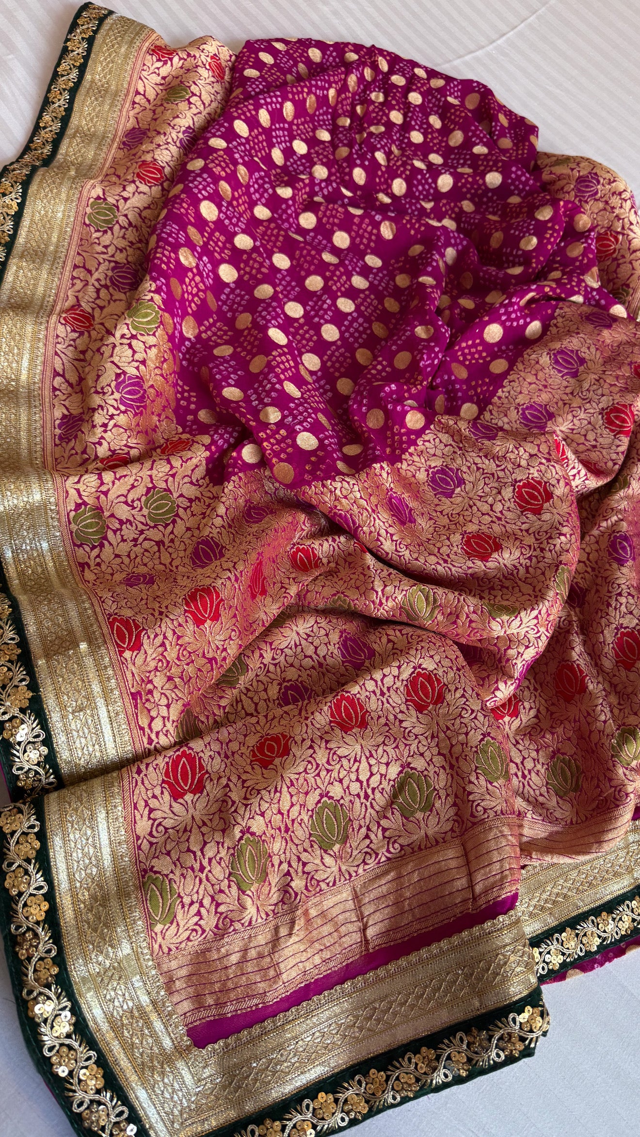Magenta purple banarasi bandhej gorgette kadhwa meenakari saree
