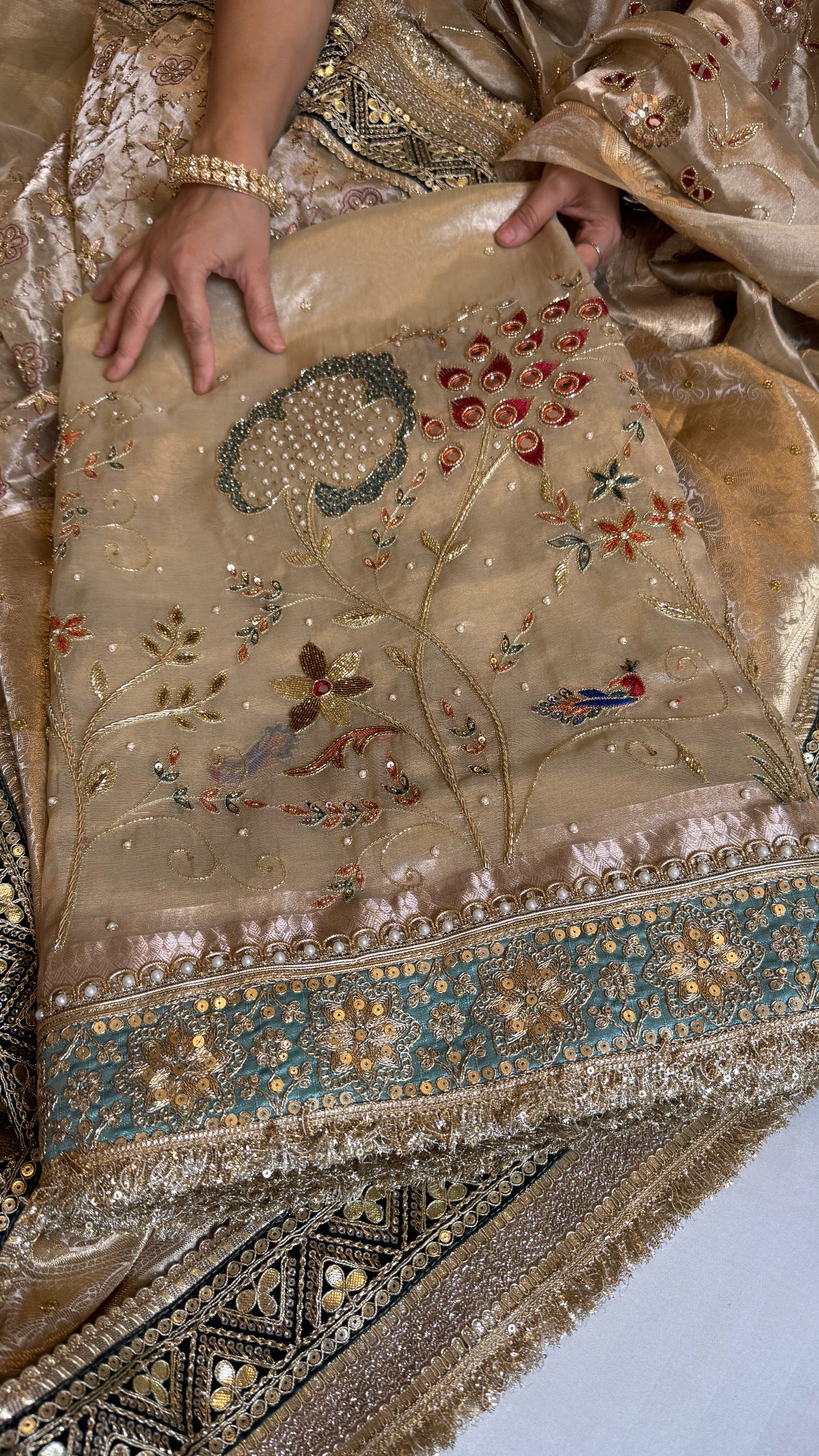 Kutchi inspired “sheesham edit” mirror work and meenakari hand embroidered saree