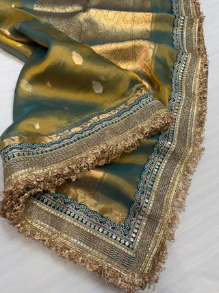 Teal green maharani tissue silk kadhwa buti saree