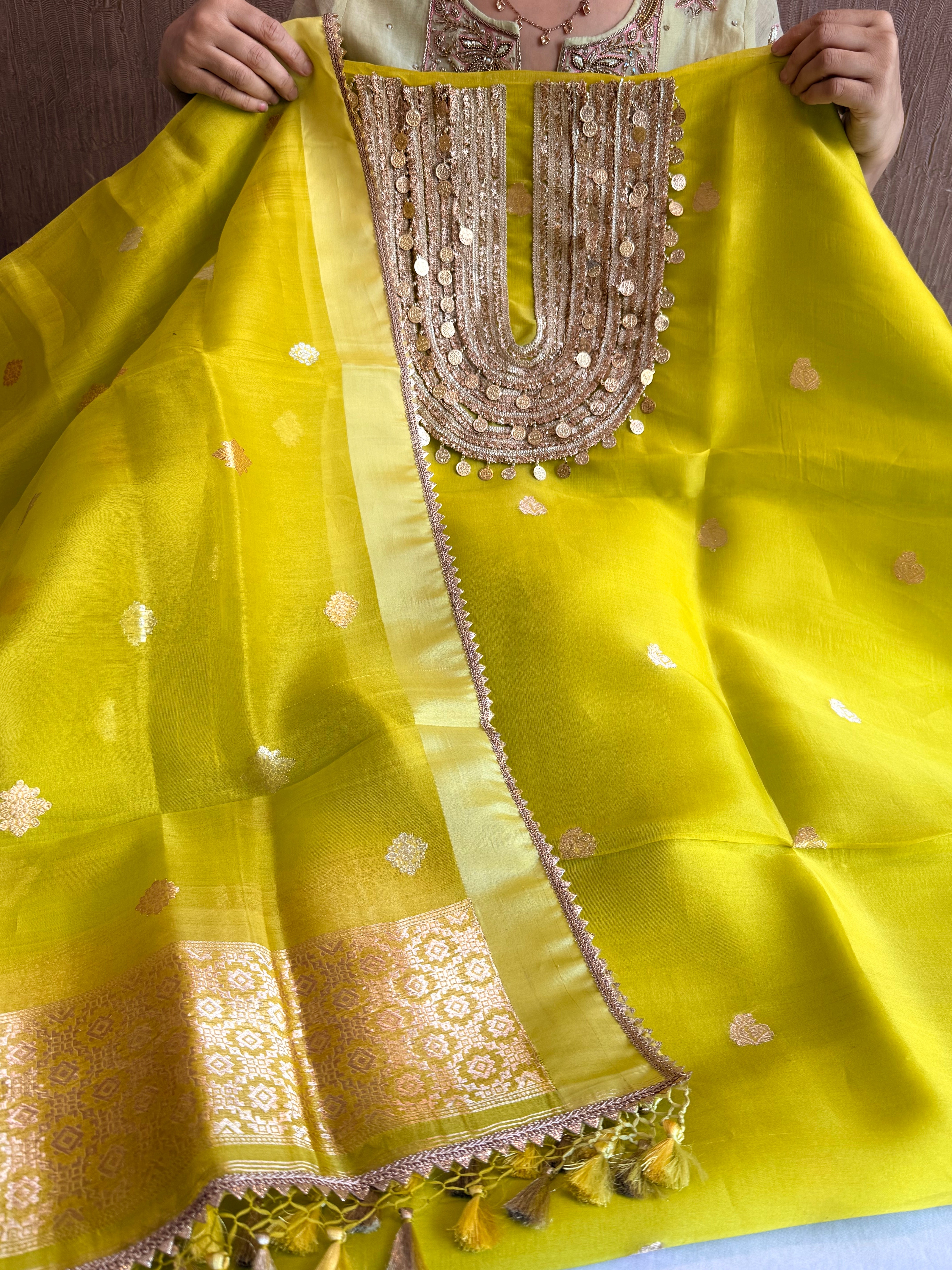 Coinwork banarasi kora silk lemon green kadhwa suit set