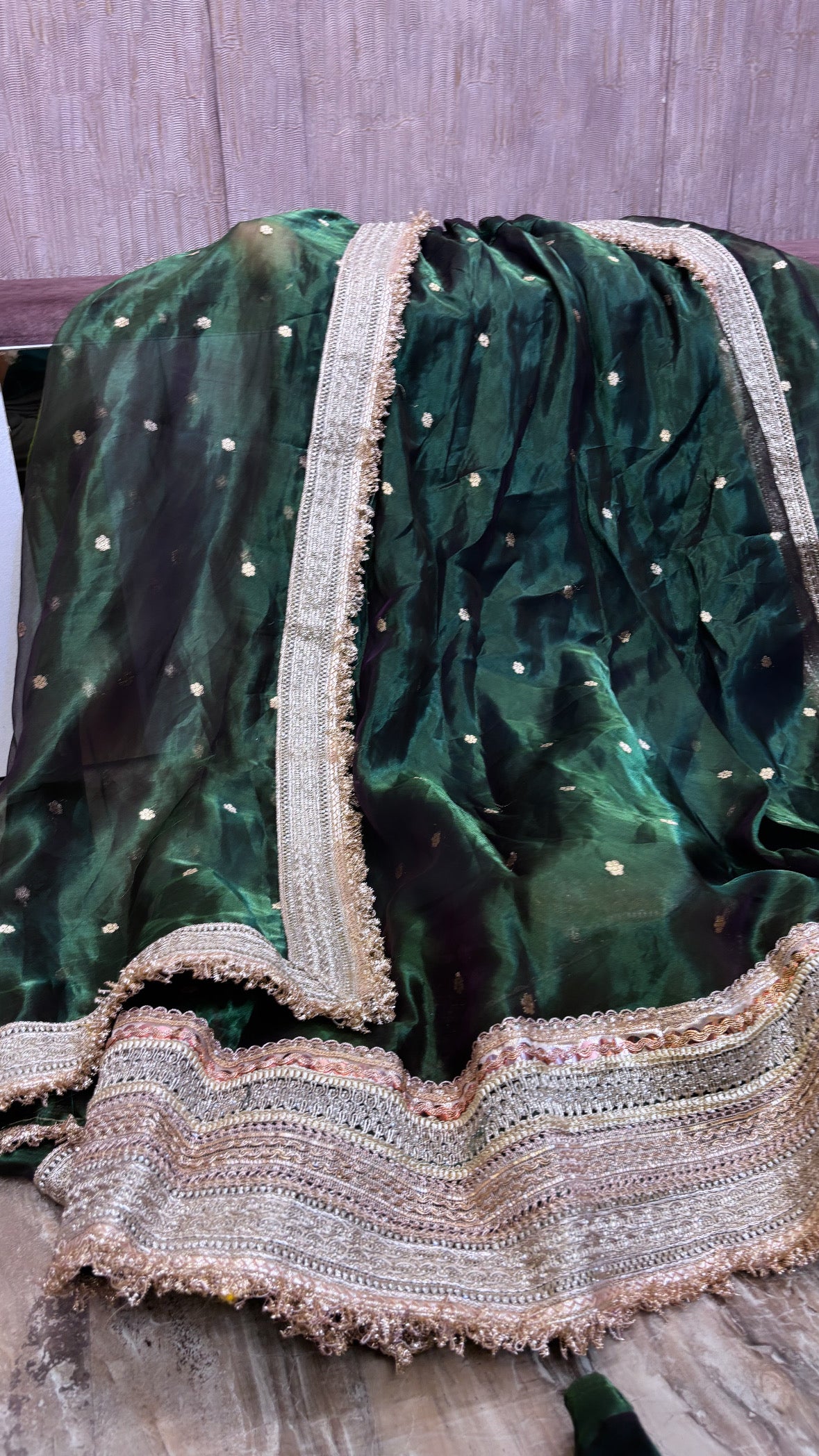 Mastani panna green tissue silk kadhwa buti dhup chao effect lehenga set