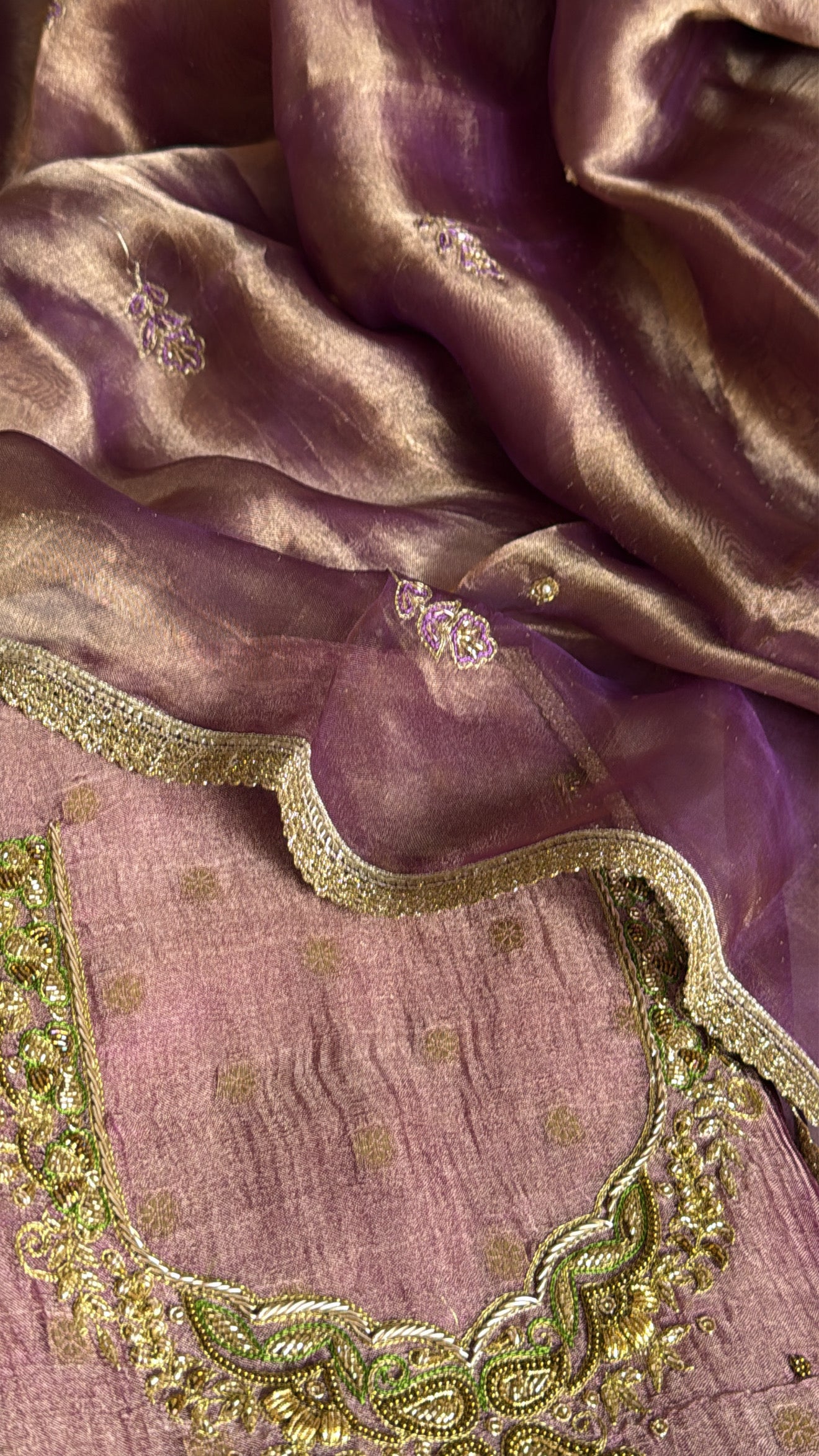 Dusty lilac tissue silk hand embroidered heeramandi kadhwa suit set