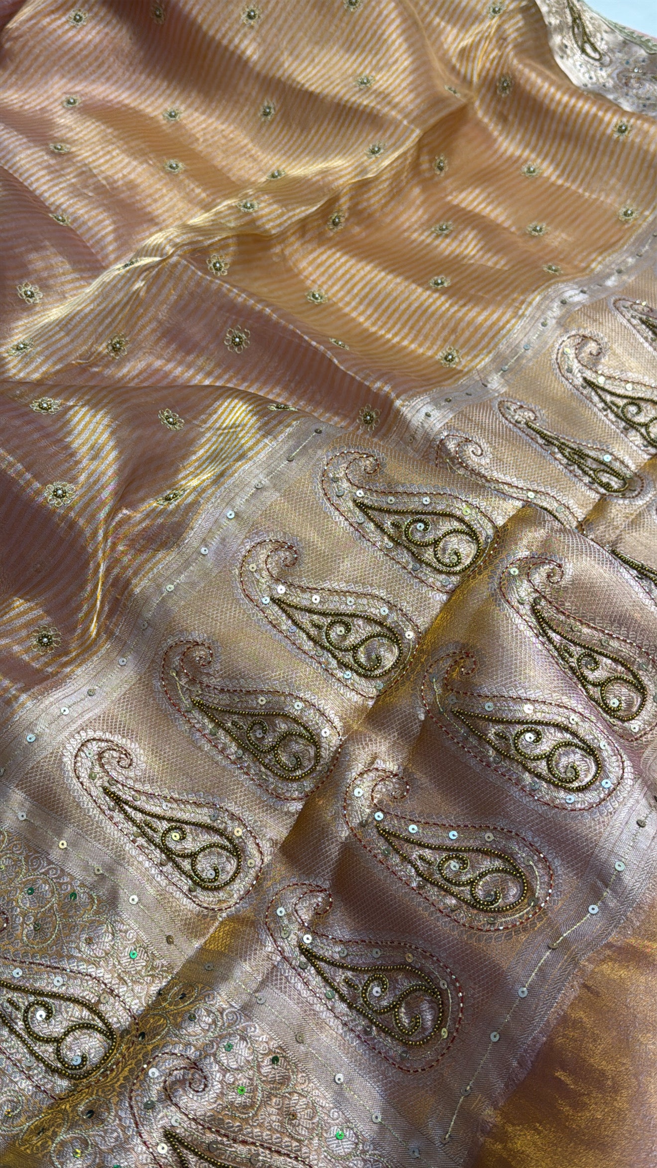 Blush peach-pink ombre shaded tissue silk hand embroidered kadhwa saree