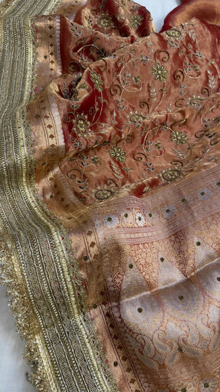 Cocktail edit sarees - Tangerine red tissue silk heavy hand embroidered saree