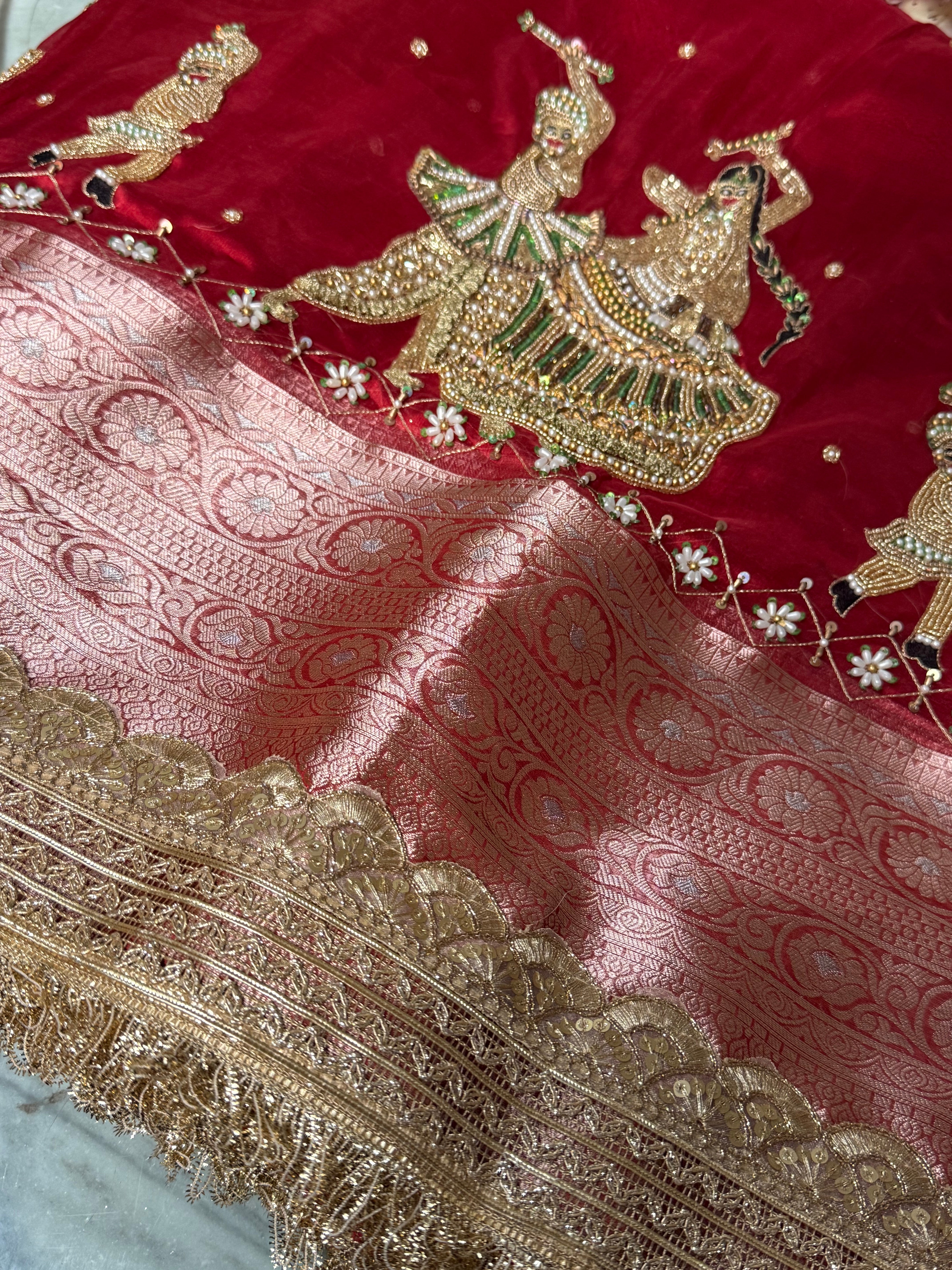 Dandiya wali laal saree - blood red garba theme hand embroidered kadhwa tissue silk saree