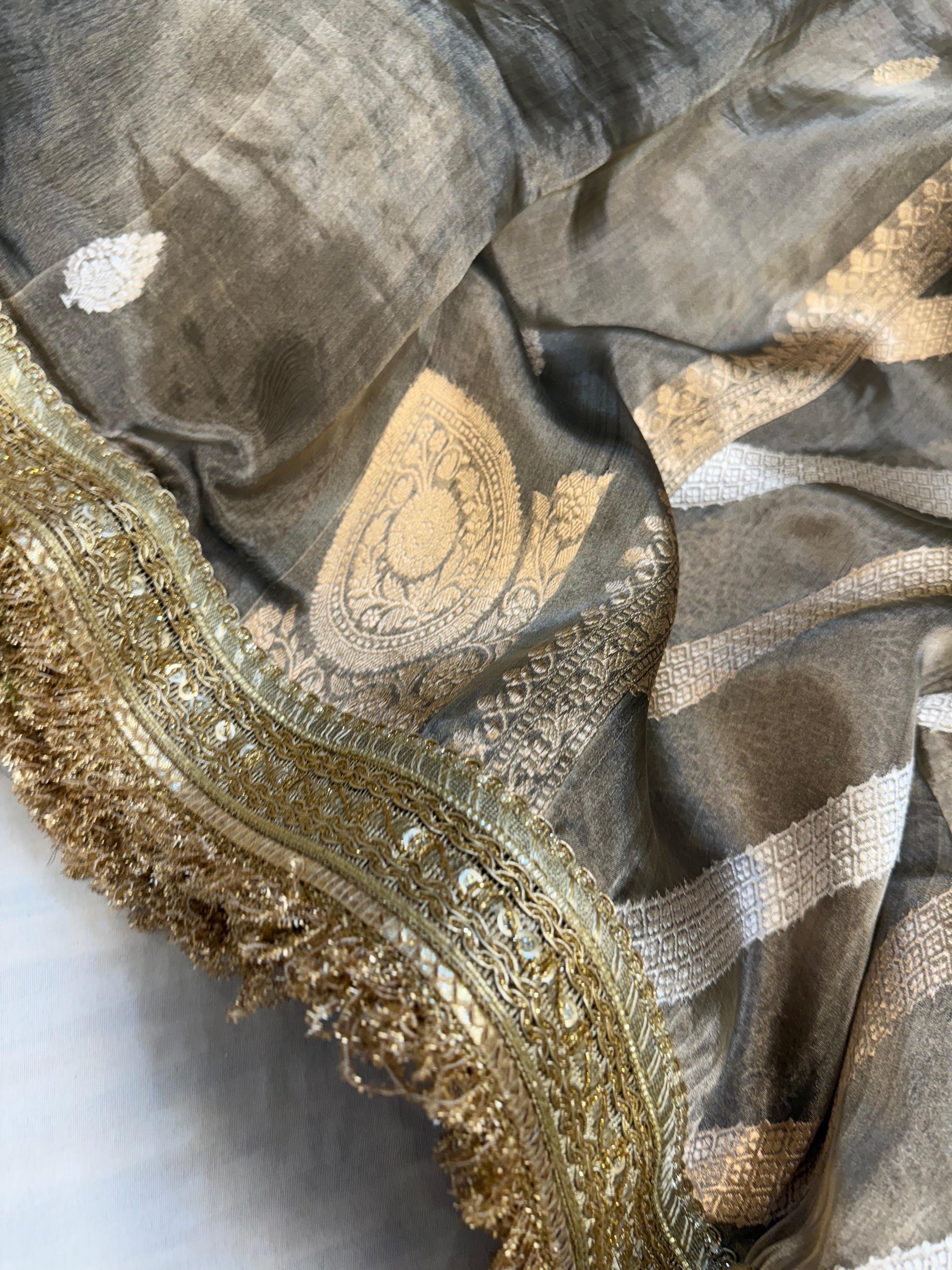 English grey maharani tissue silk kohniya buti kadhwa saree