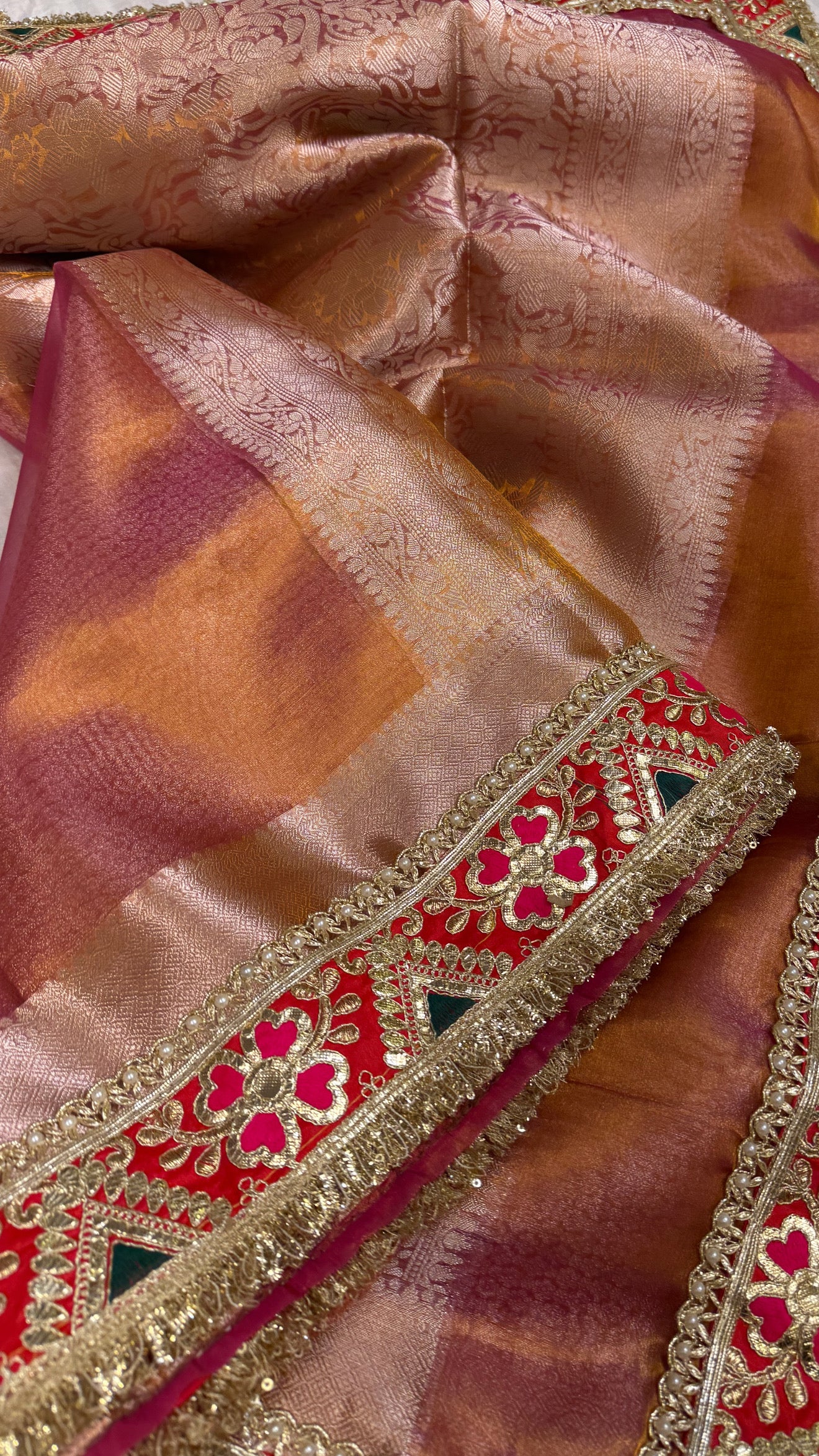 Blush golden pink maharani tissue silk meenakari border saree