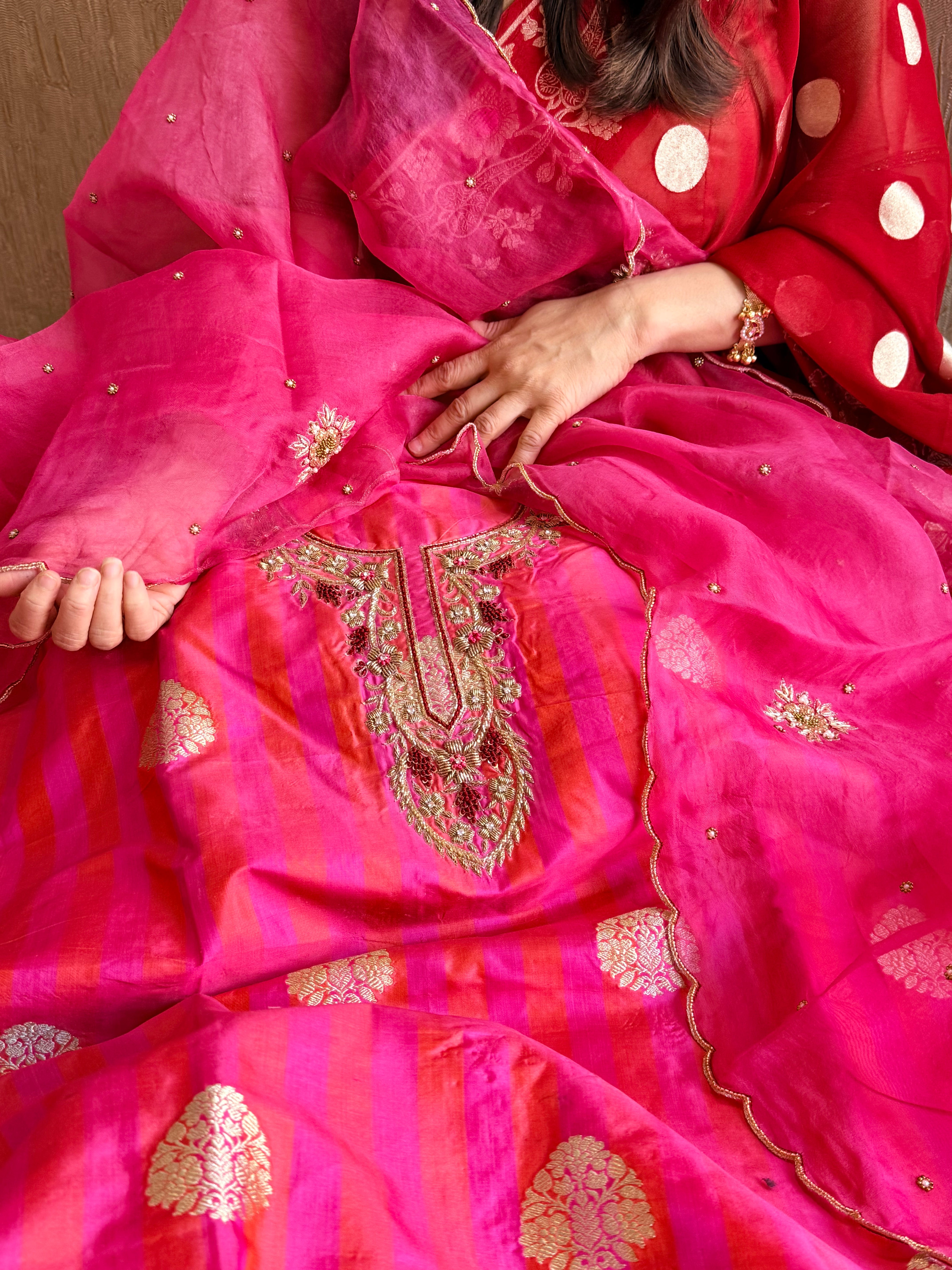 Katan silk kadhwa hand embroidered dhup chao effect suit set