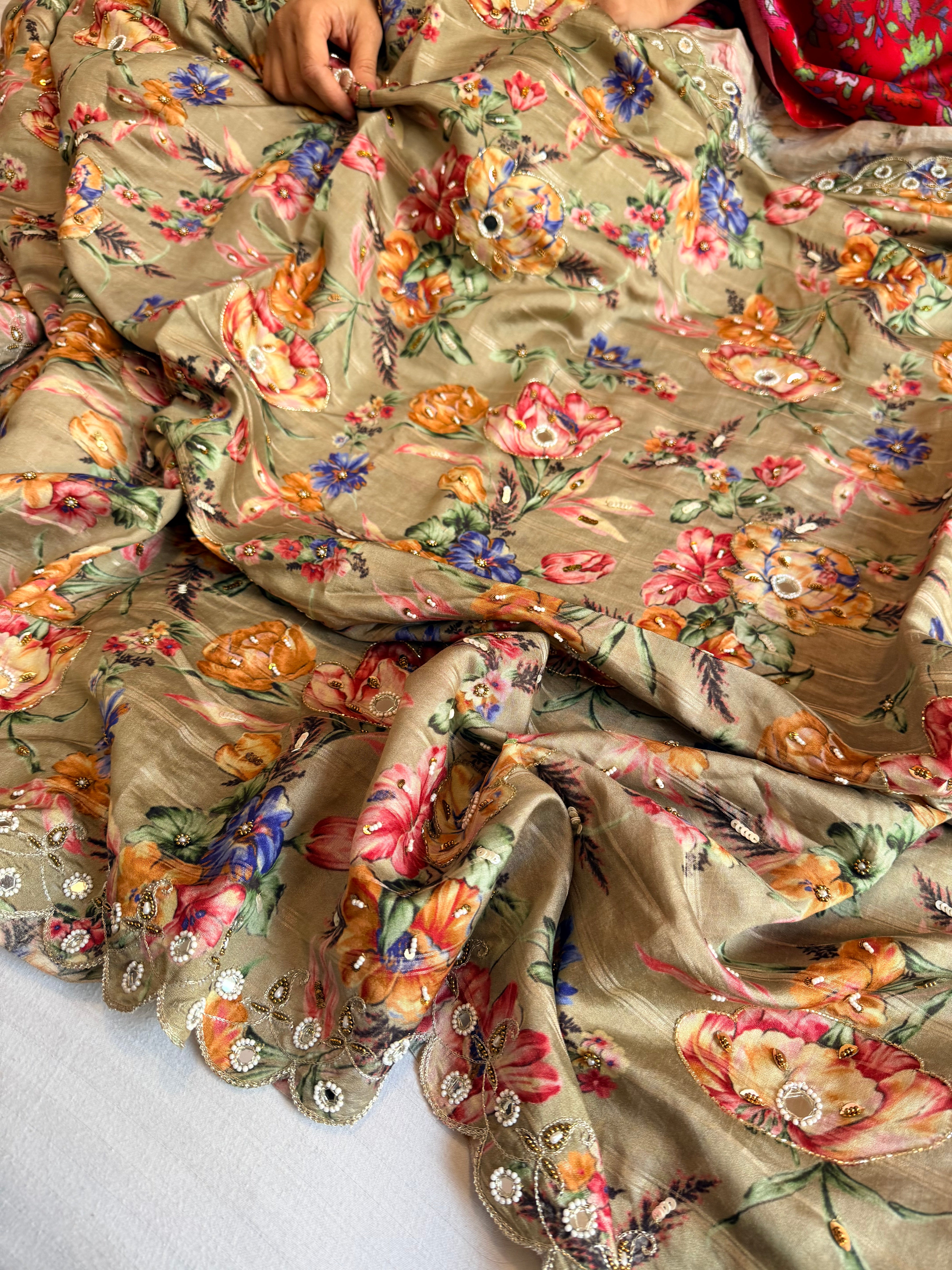 Printed moonga silk hand embroidered kadhwa gotapatti saree