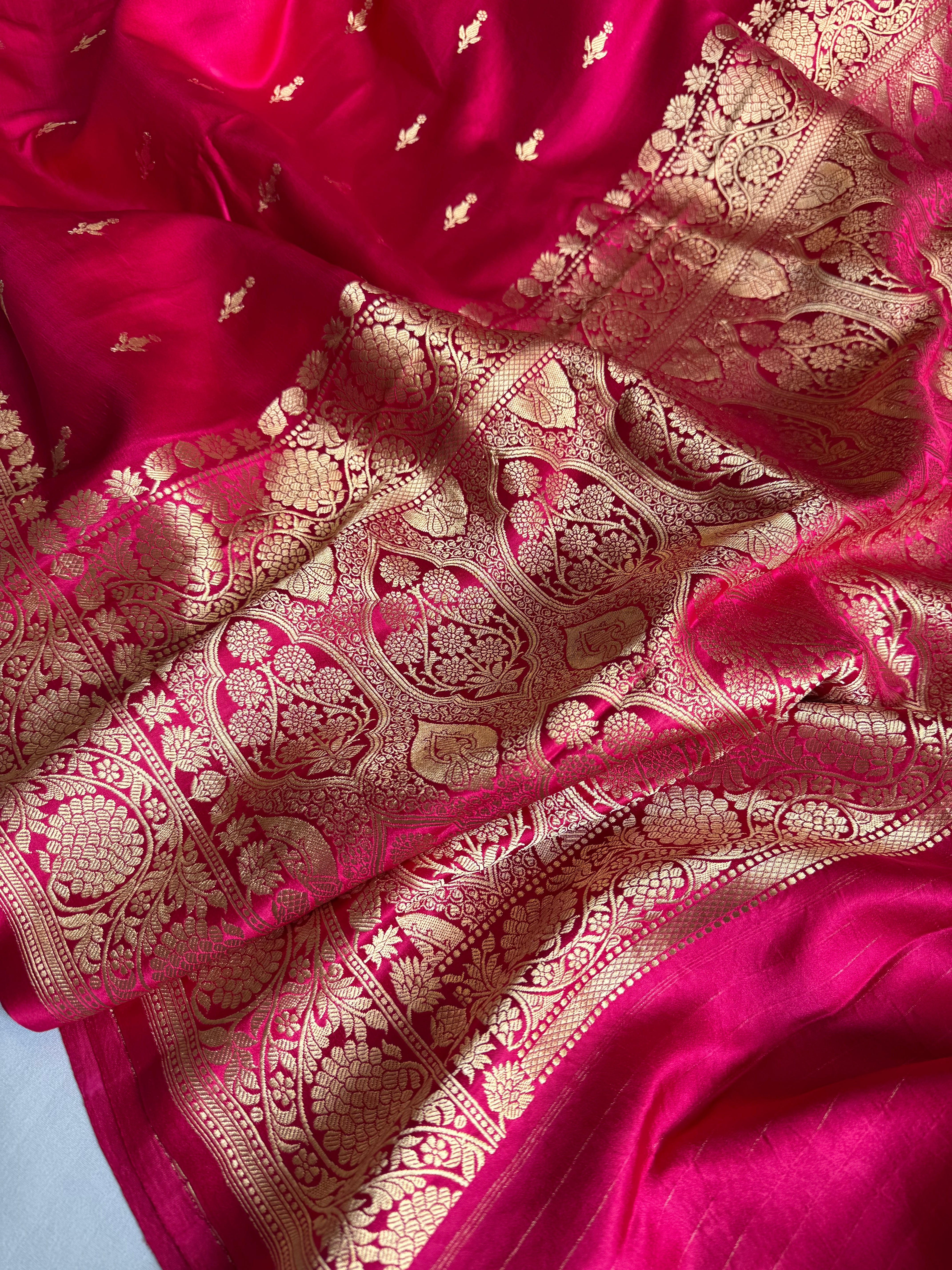 Hot pink banarasi mashru silk kadhwa border saree