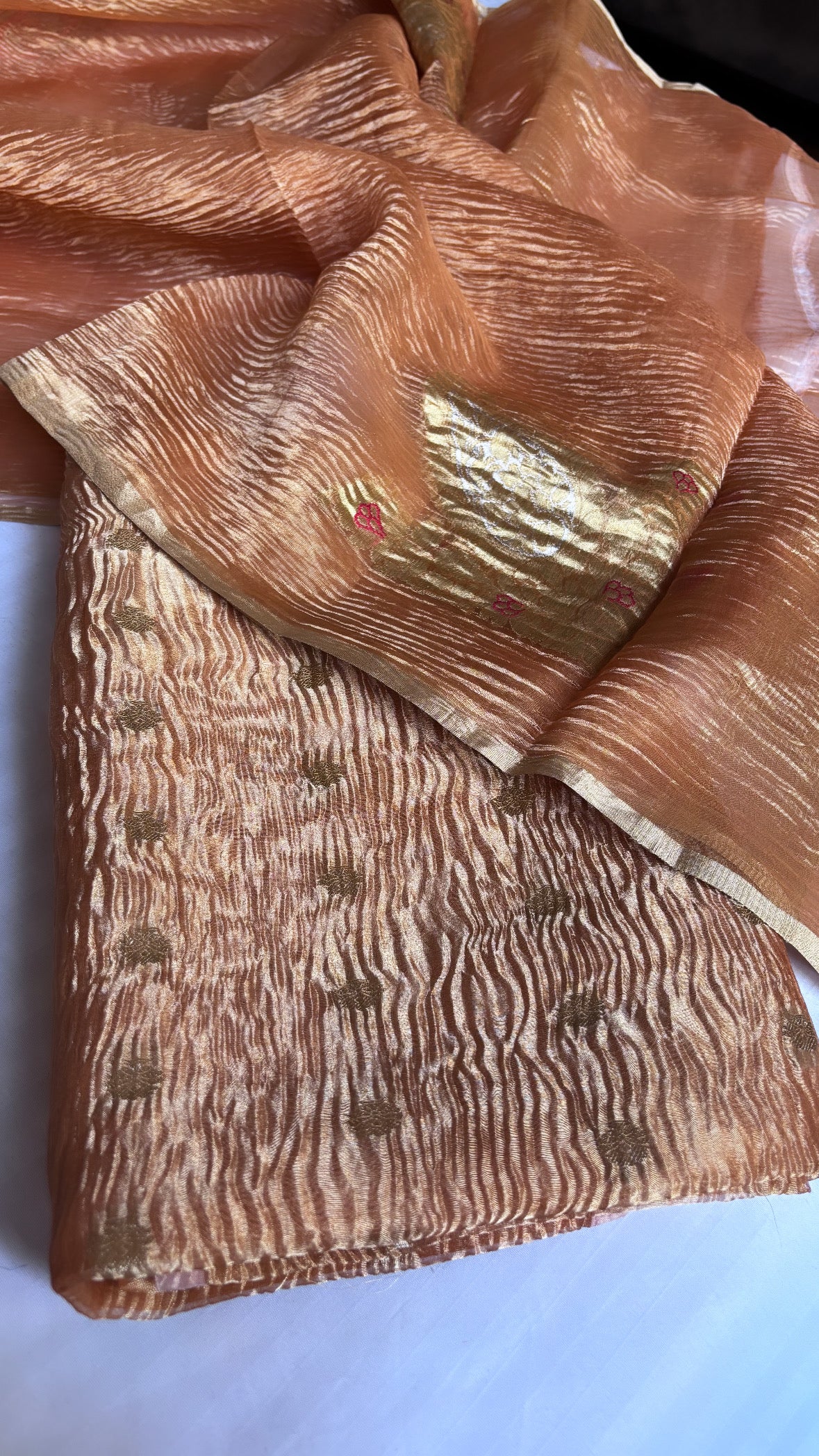 Pure banarasi peachish-orange crushed tiisue silk kadhwa sona rupa meenedar buti three piece suit set