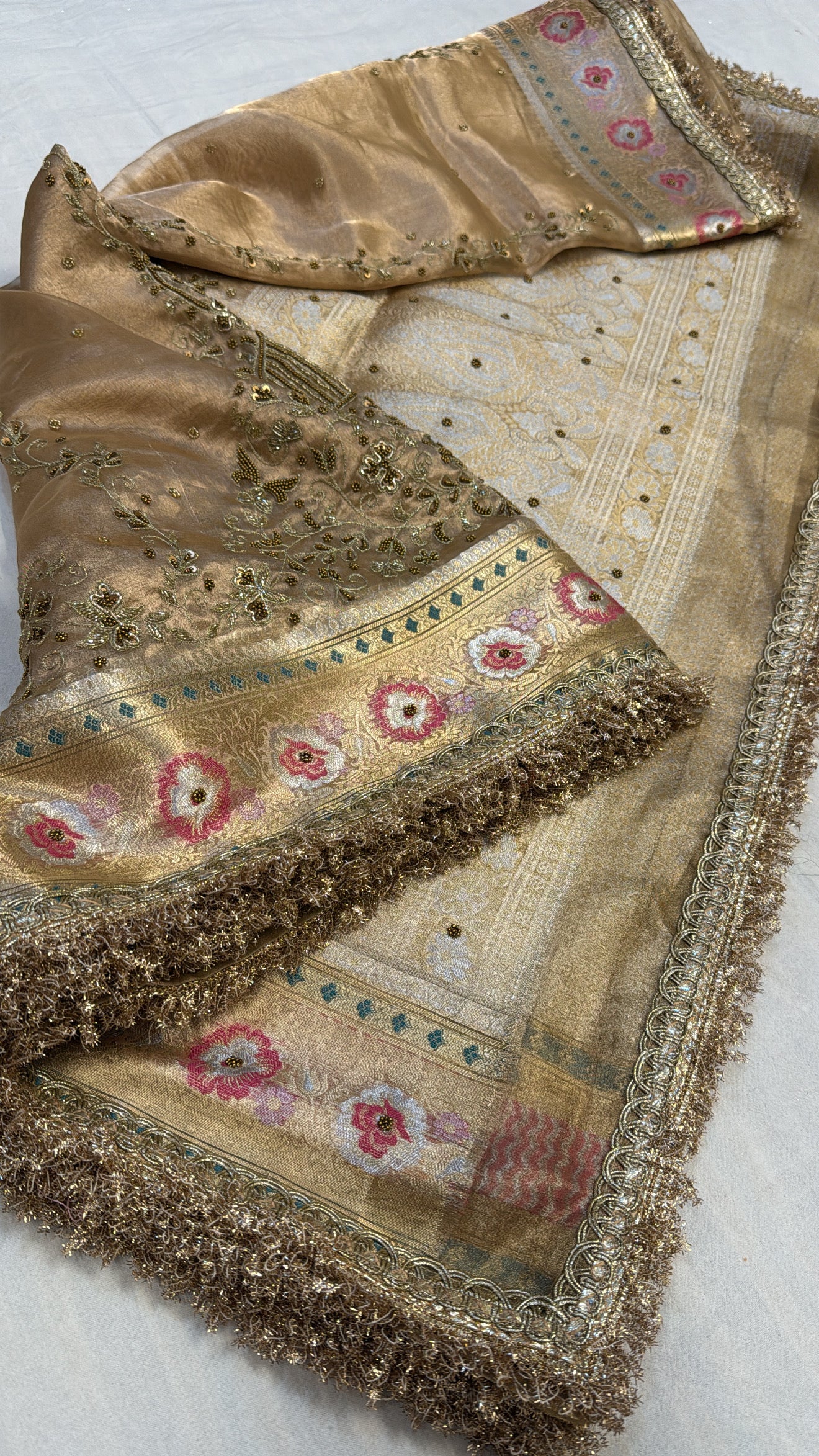 Golden husn tissue silk hand embroidered kadhwa meenakari saree