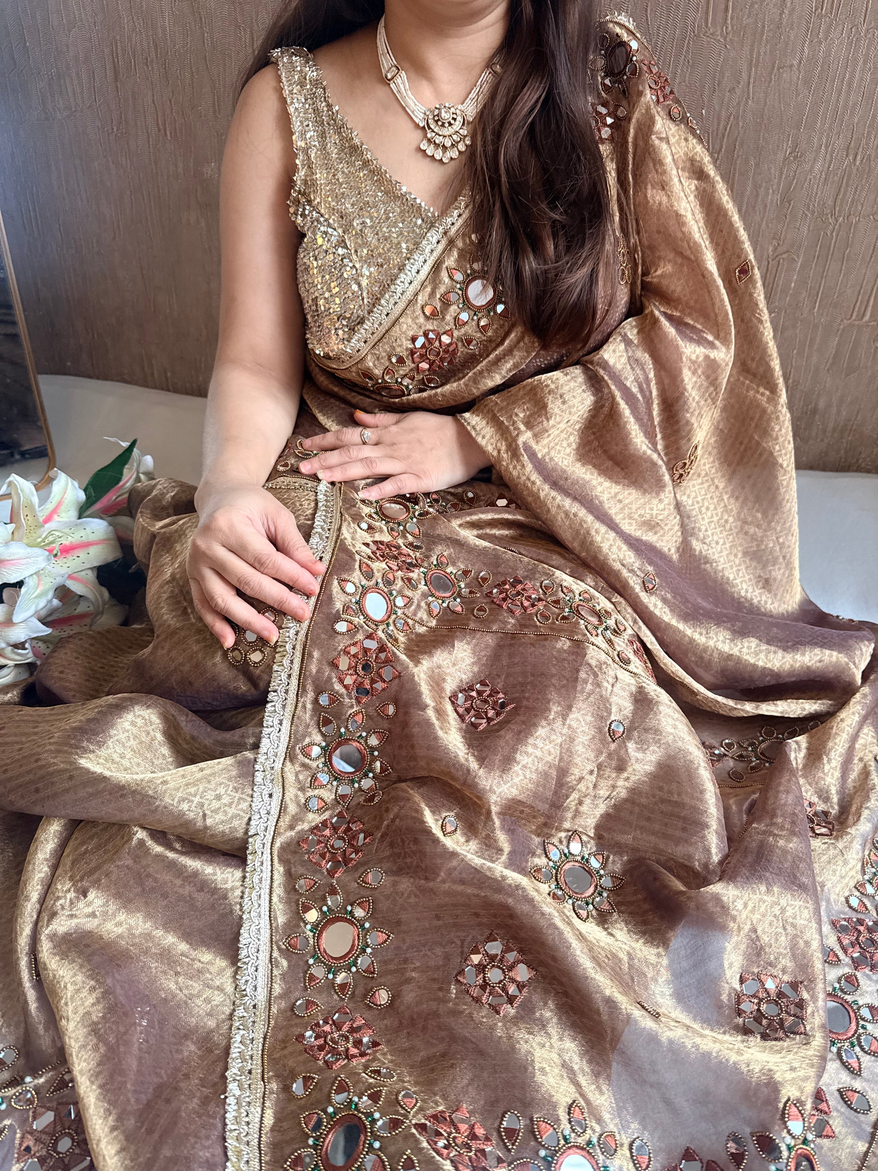 Chocolate brown tissue silk mirrorwork hand embroidered kadhwa saree
