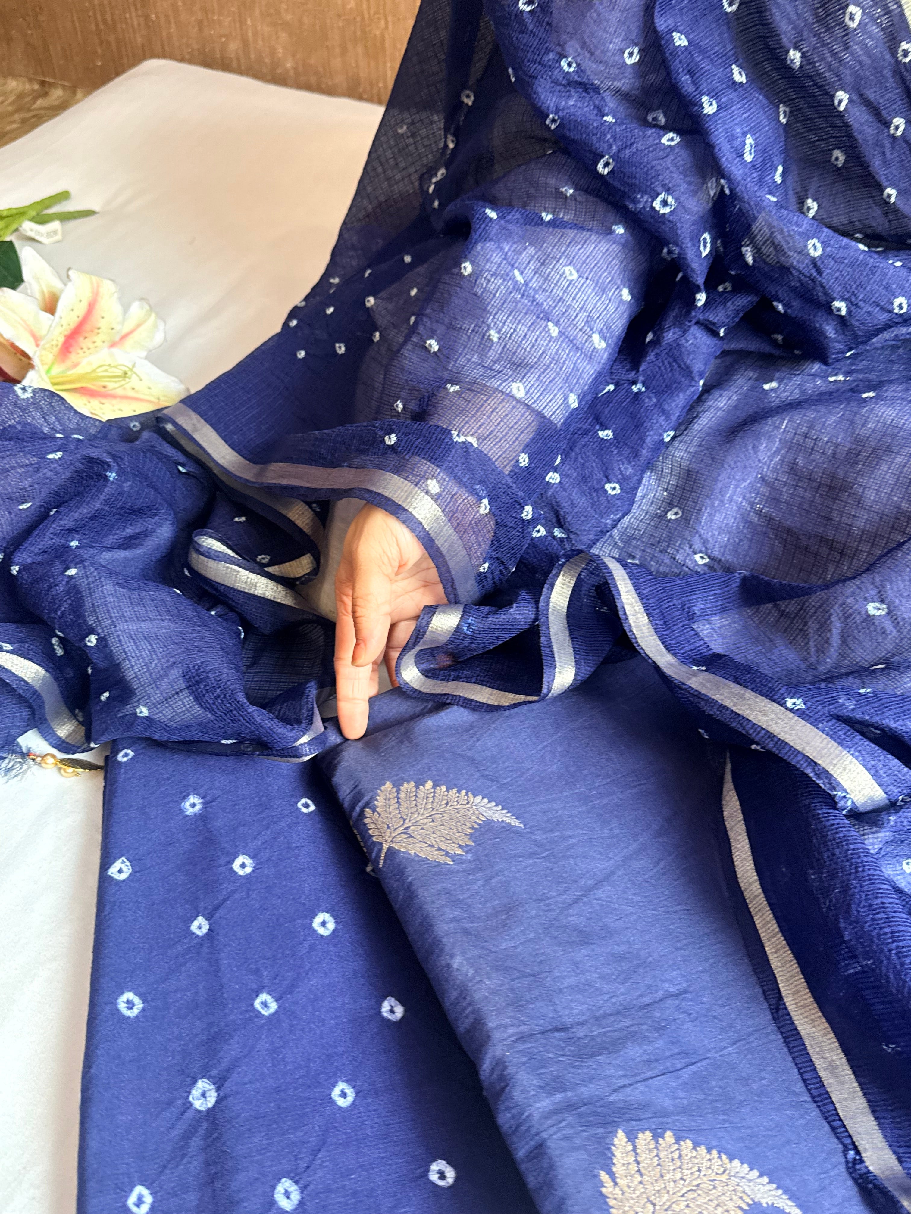Below 8k- Mul cotton handloom kurta paired with bandhej dyed kota silk duppata set