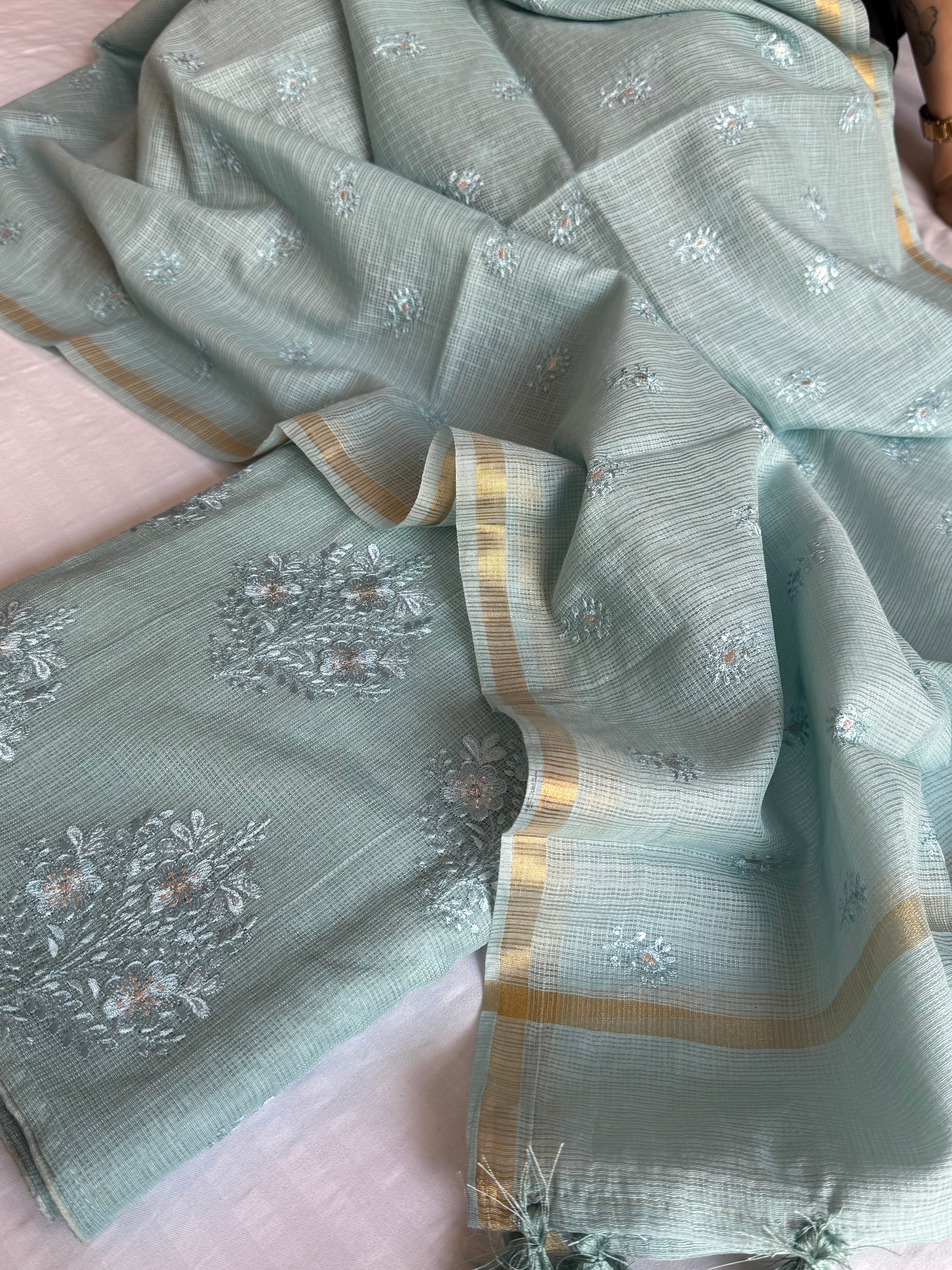 Sage blue kota check appliqué work kadhwa suit set