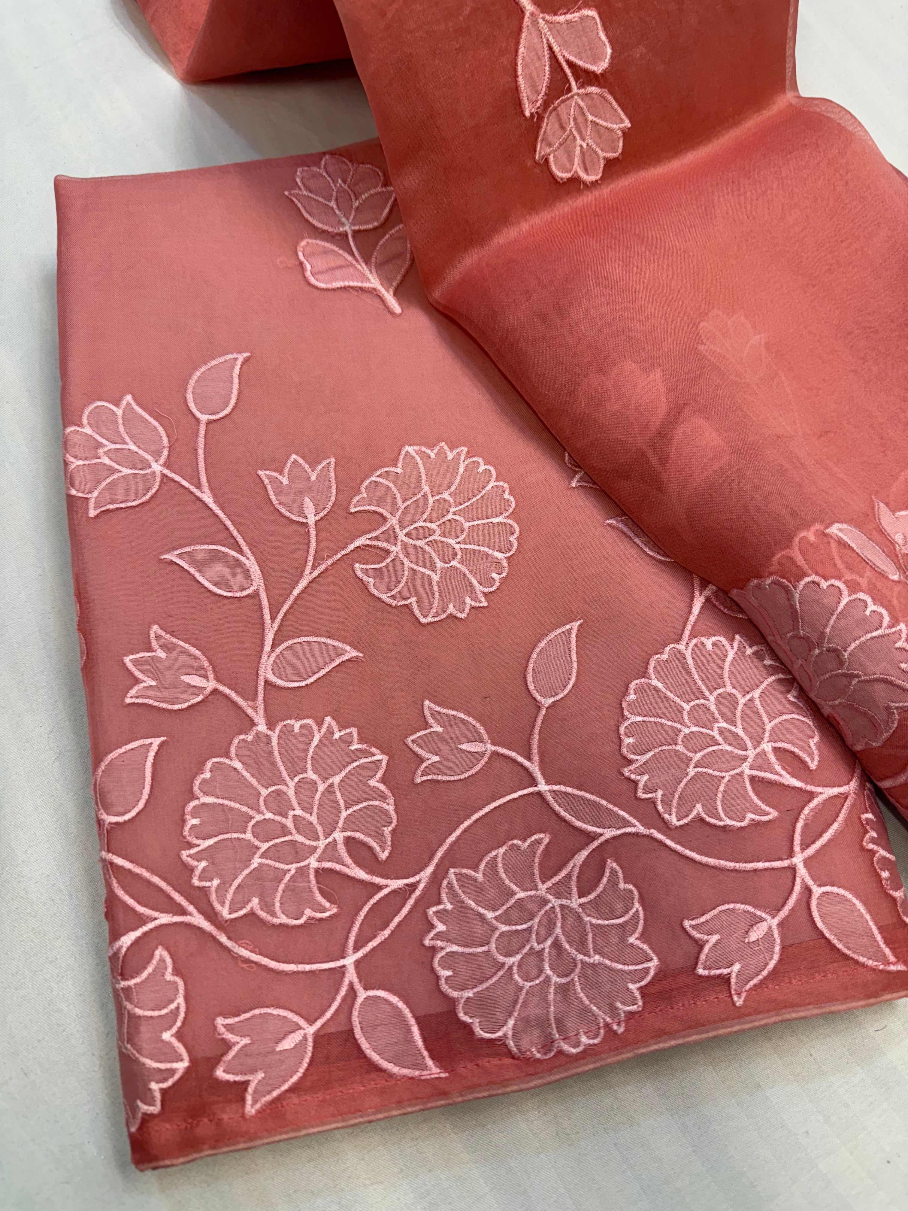 Kora silk appliqué work hand embroidered kadhwa suit set