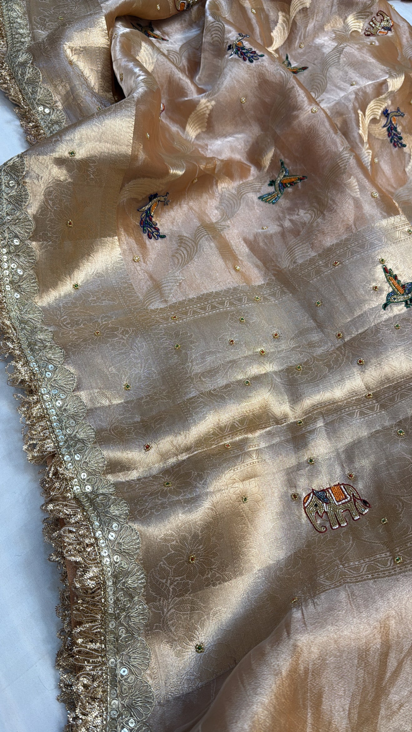 Tussar gold tissue silk hand embroidered kadhwa hand embroidered saree