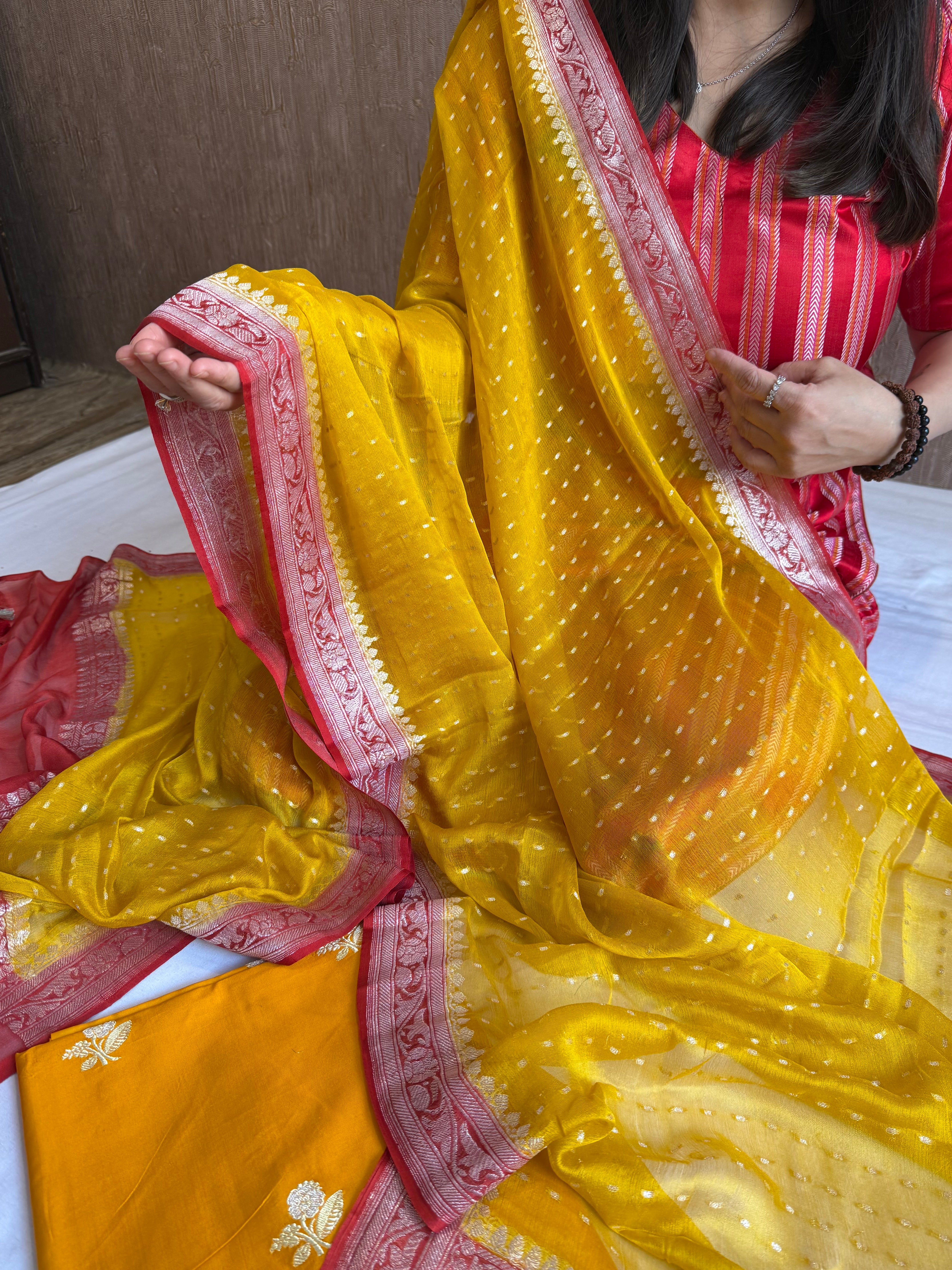Haldi yellow-red katan kadhwa silk kurta paired with chiffon gorgette chap dye duppata set