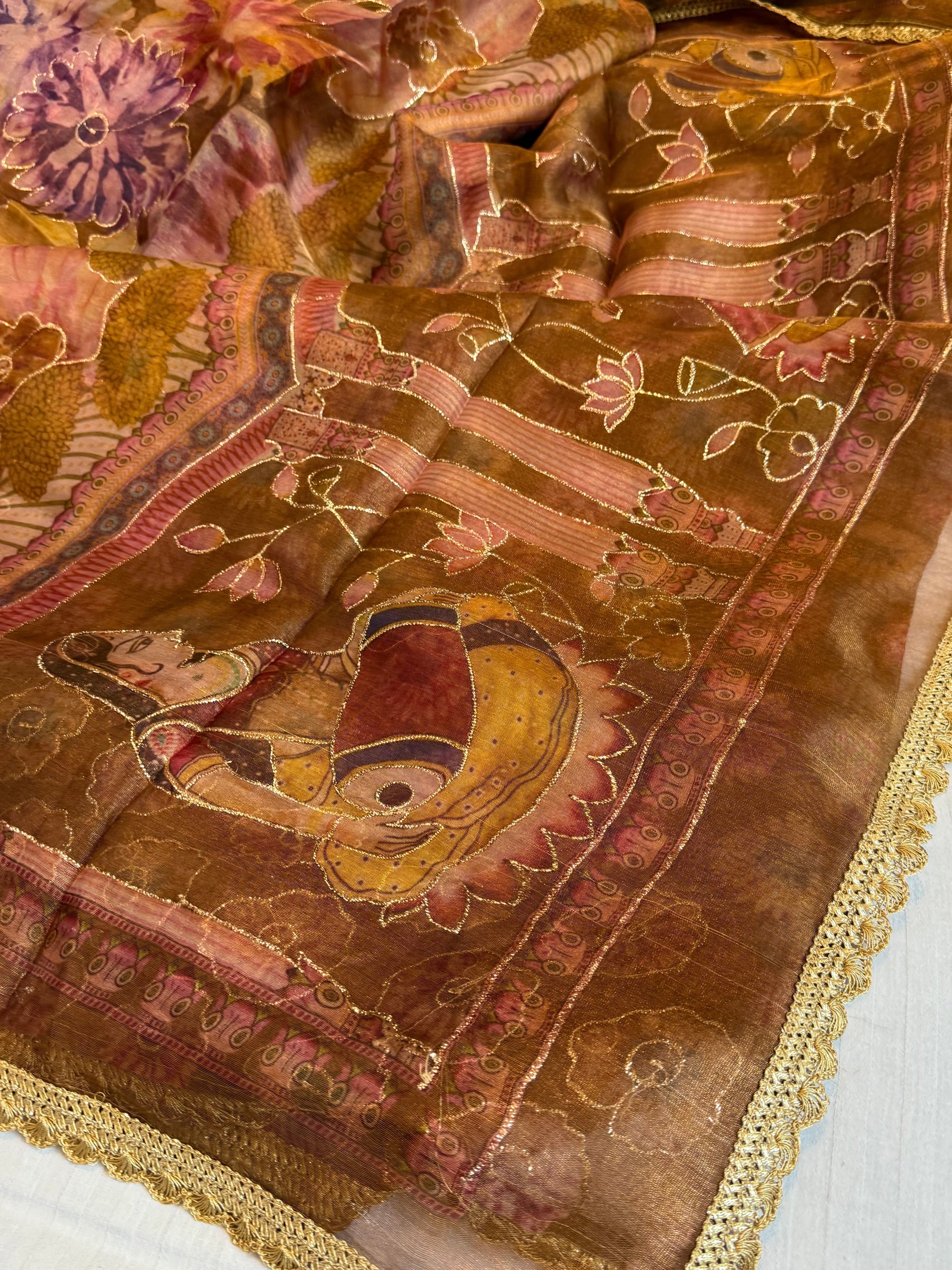 Printed banarasi tissue silk hand embroidered kadhwa saree