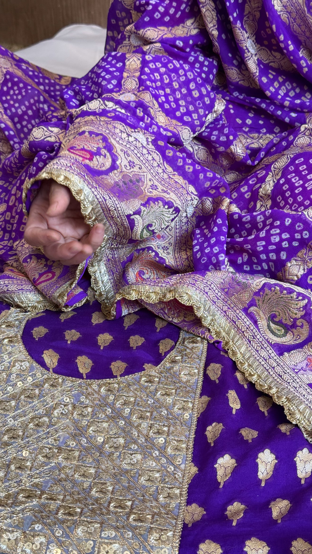 Purple rai bandhej banarasi gorgette kadhwa suit set