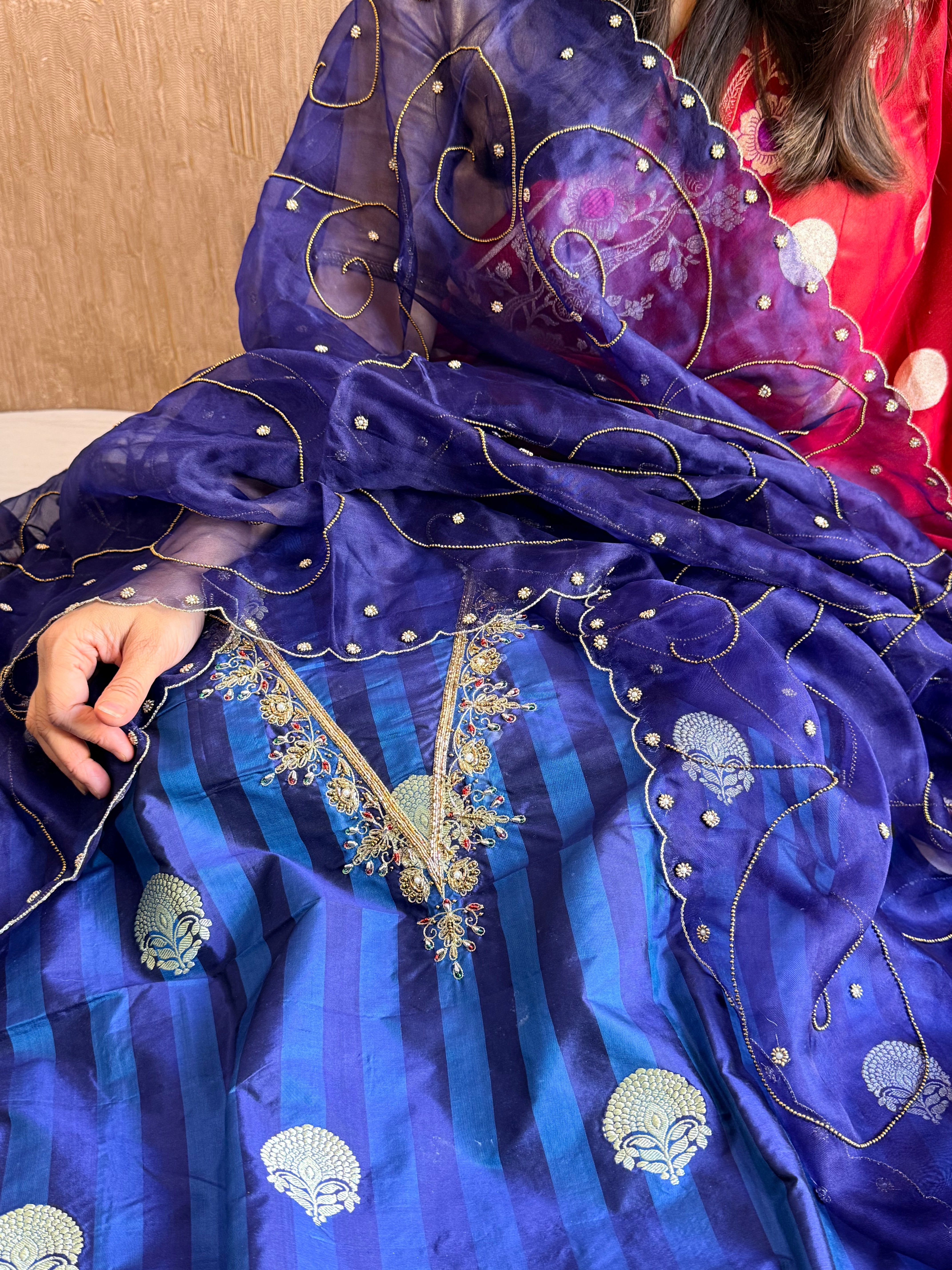 Katan silk kadhwa hand embroidered striped dhup chao effect suit set