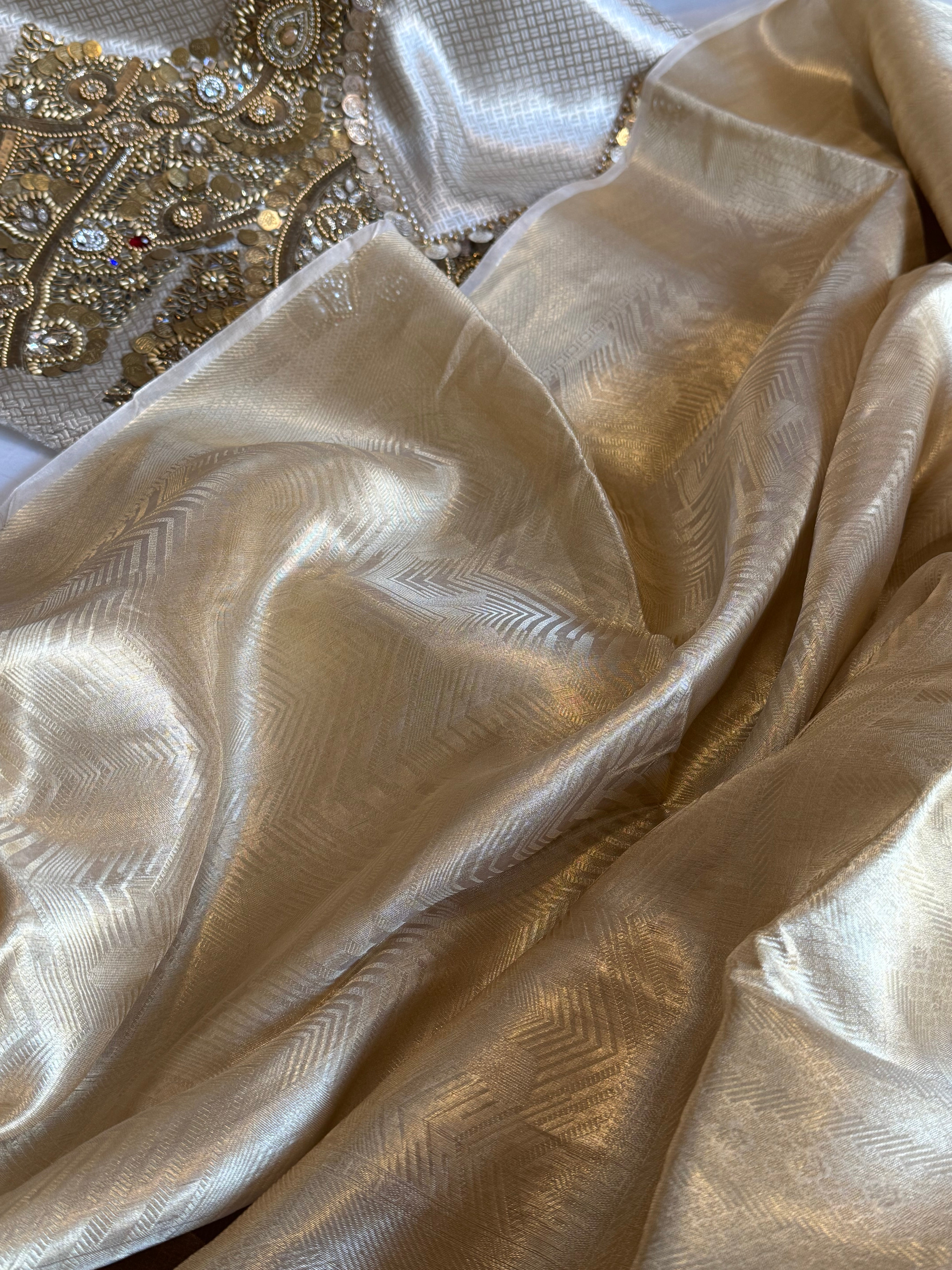 Jhanvi kapoor inspired “jadau edit” tissue brocade saree with jadau hand embroidered blouse piece