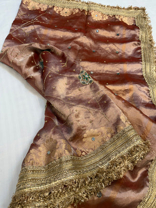 Cocktail wali saree - English peach tissue silk hand embroidered saree