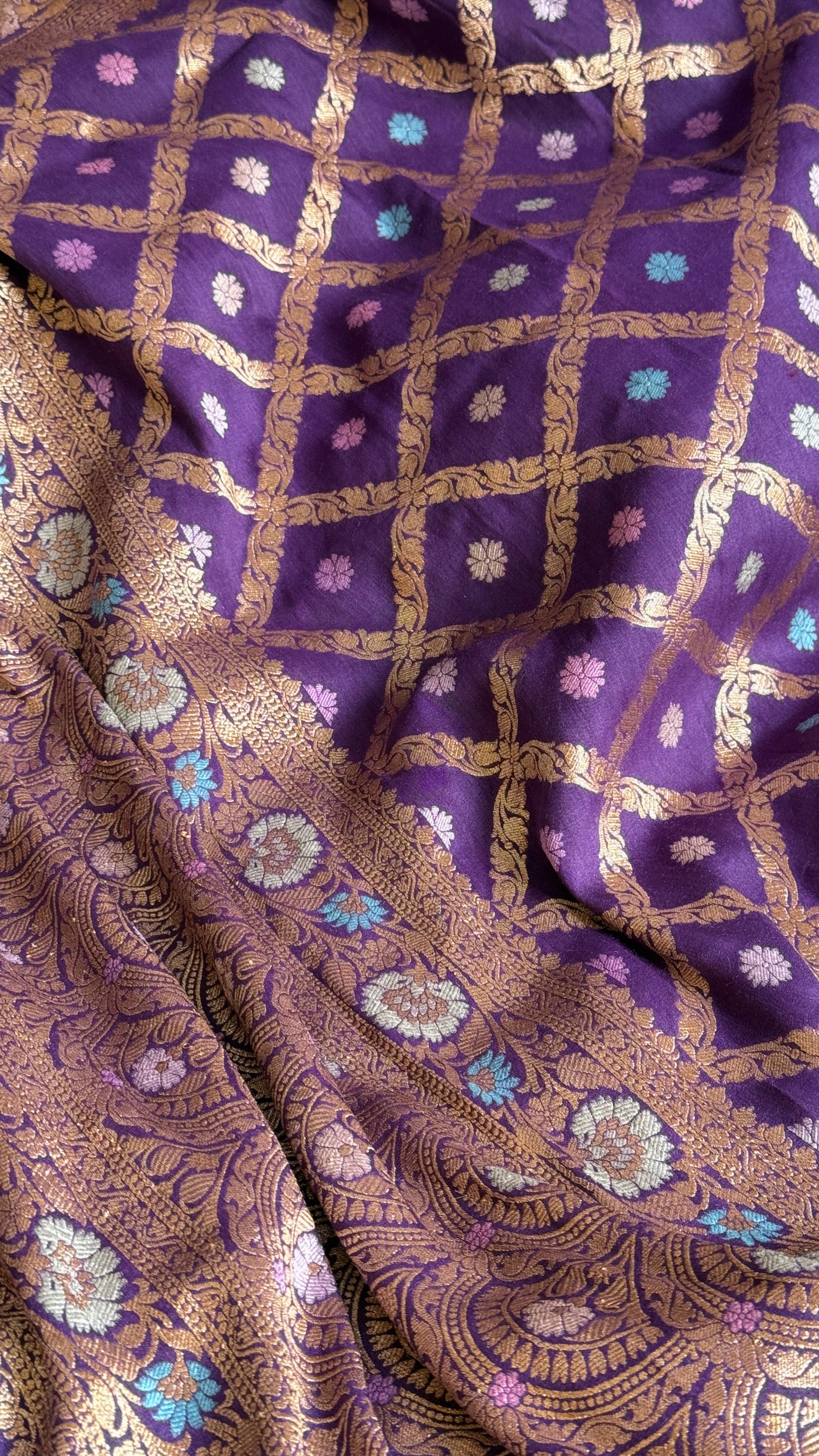 Moonga silk brinjal purple chaukadi duppata with meenakari kadhwa weaving