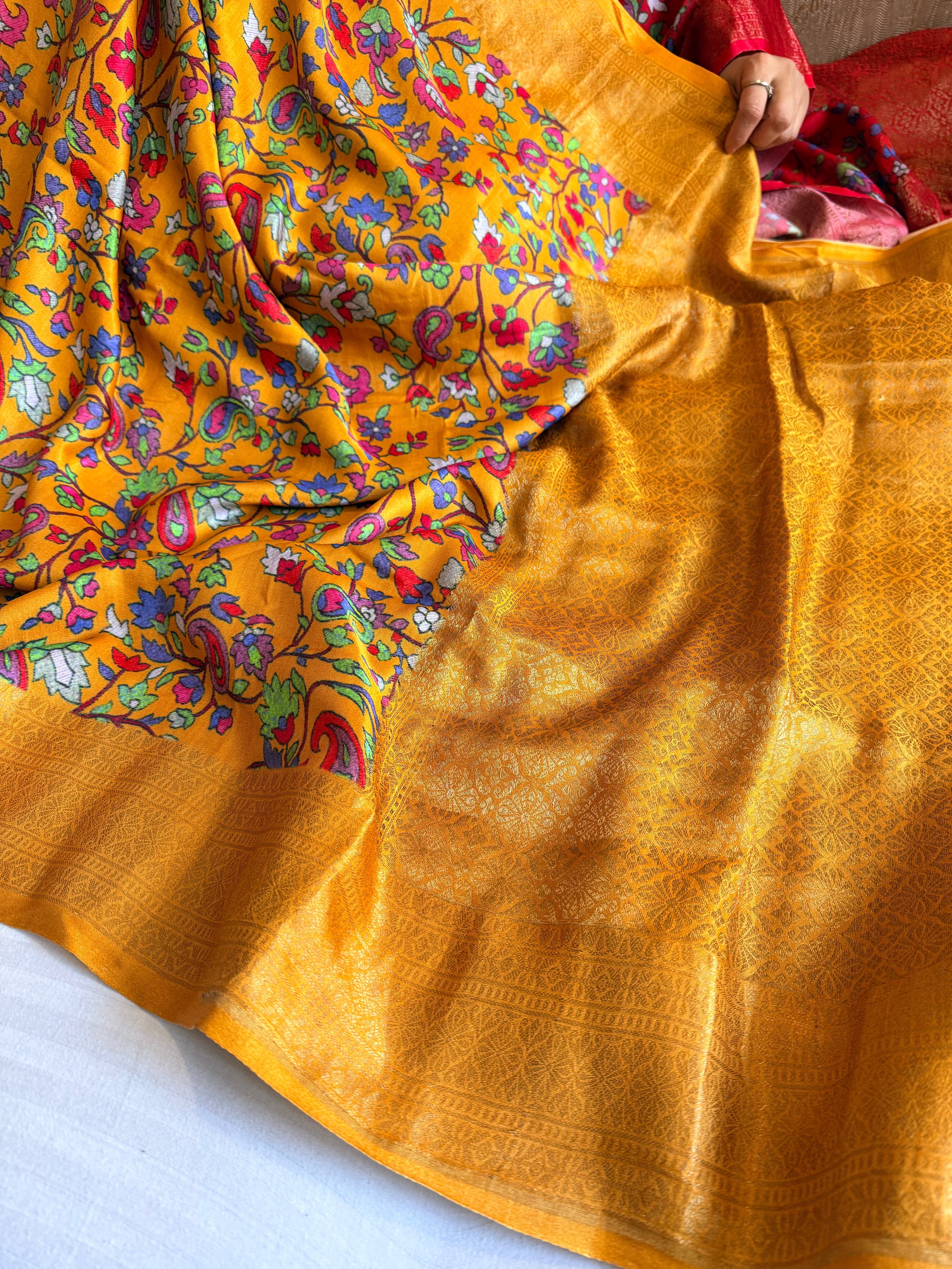 Banarasi mashru satin silk kani weaving printed olive gold saree