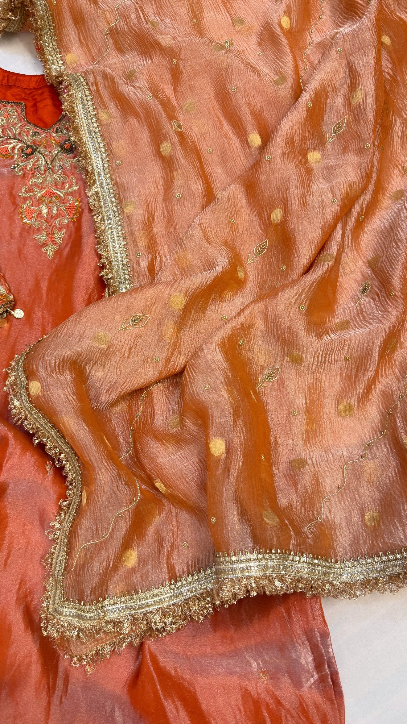 Dulhan ka joda - Chuski orange tissue silk heavy hand embroidered kadhwa gotapatti suit set