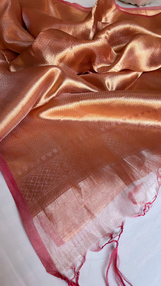 Pinkish-orange dhup-chao effect tissue brocade kadhwa saree