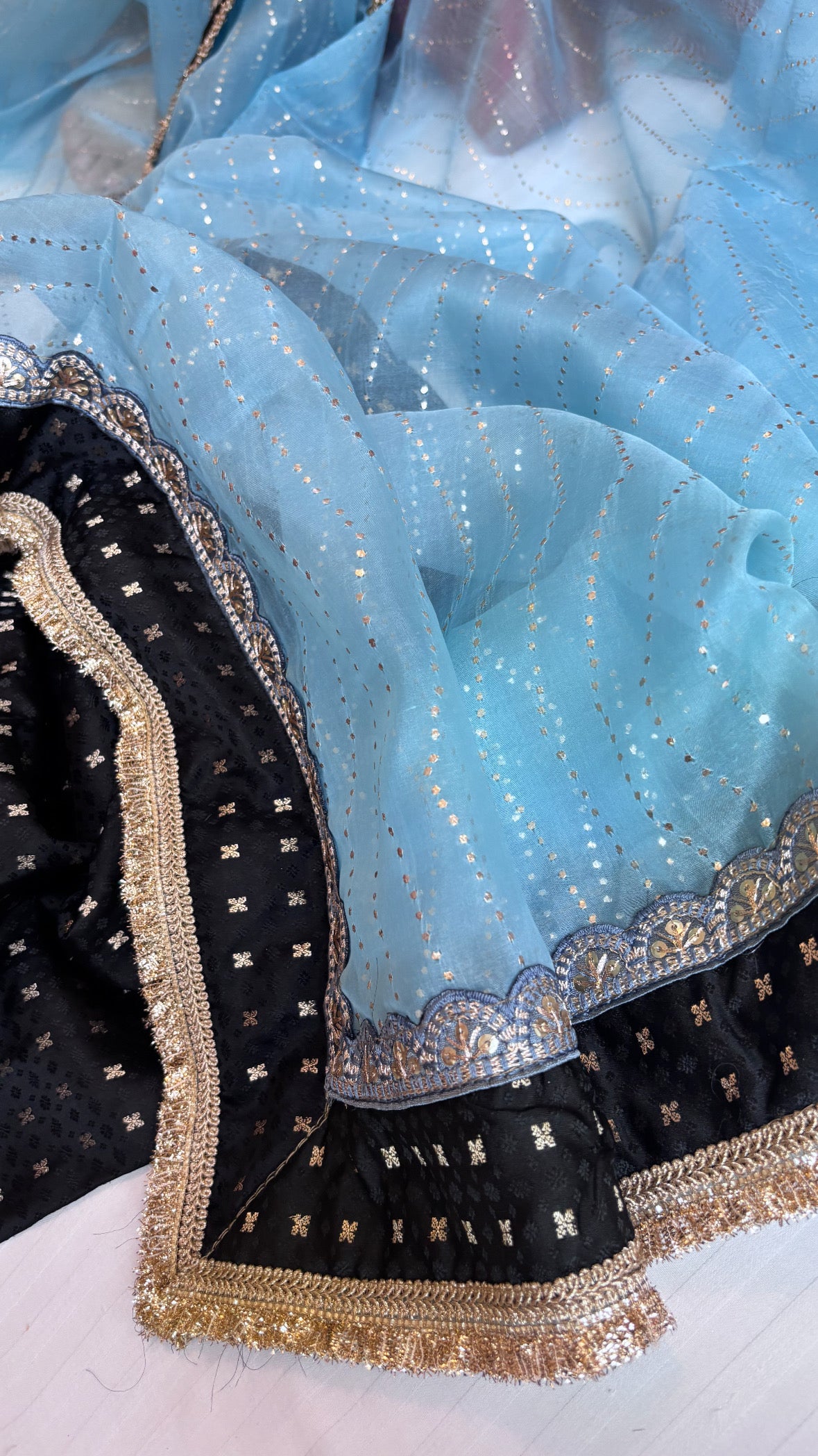 Black-ice blue combination mashru tanchoi silk kurta paired with mukaish badla work kora silk duppata set