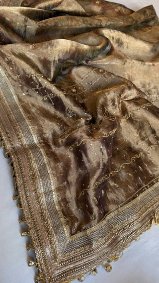 Printed tissue silk heavy hand embroidered kadhwa sarees