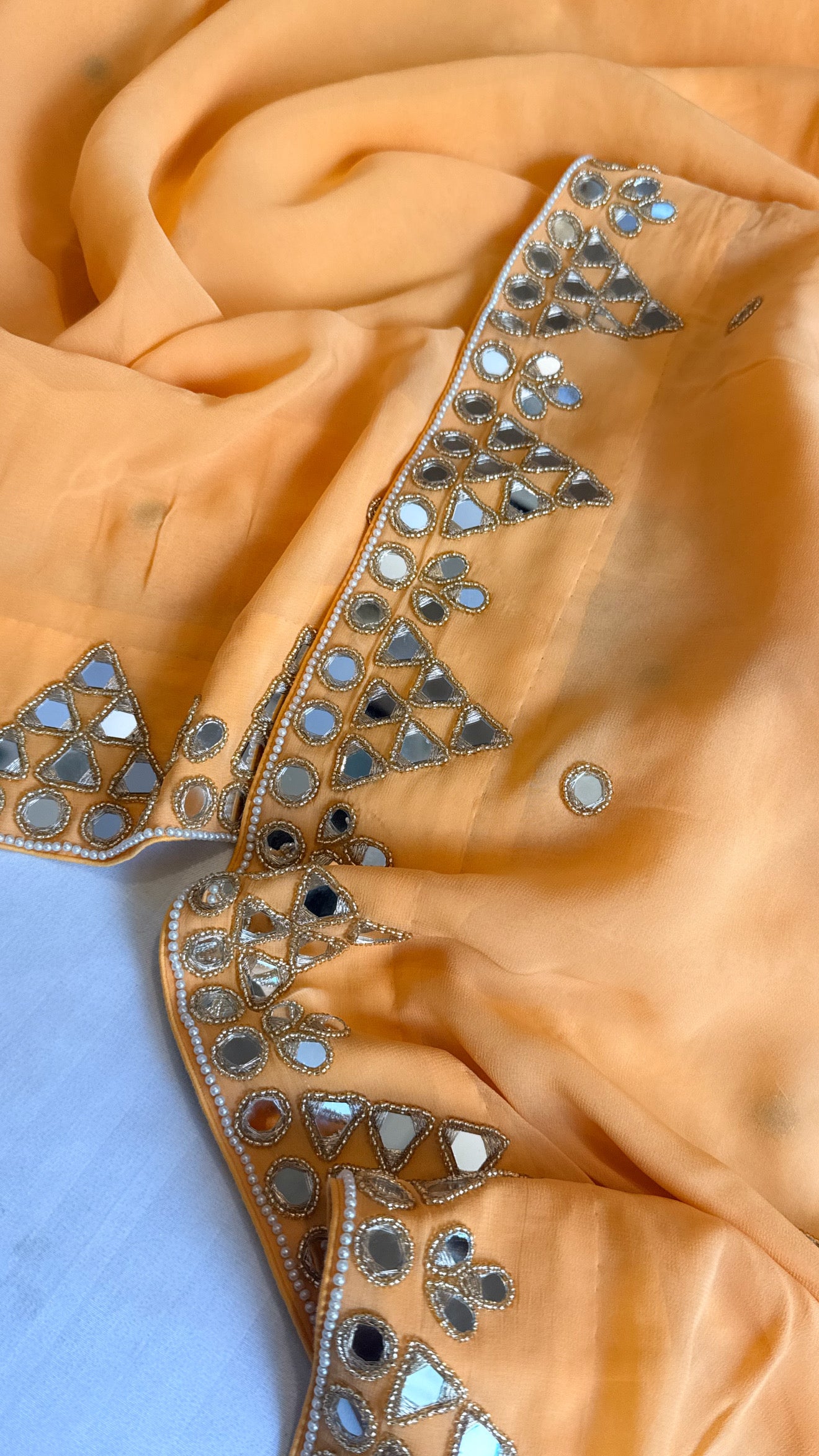 Mother’s Day offer - Candy peach chiffon gorgette mirrorwork hand embroidered sarees