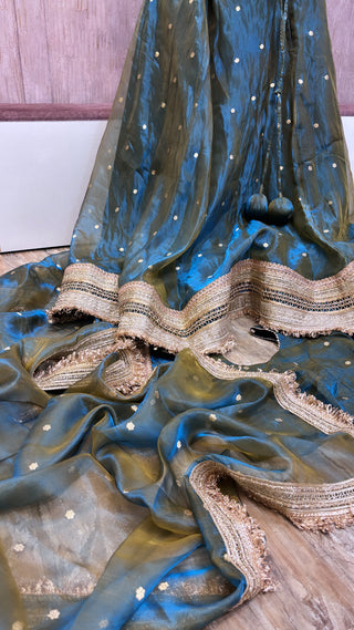 Mastani coral blue-olive tissue silk kadhwa buti dhup chao effect lehenga set