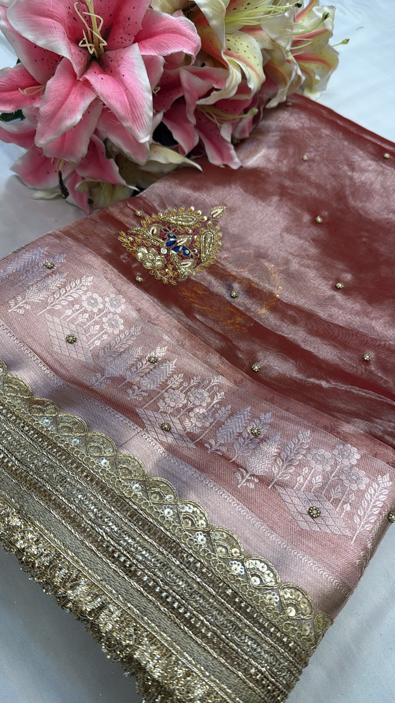 Rose gold peach tissue silk zardozi work hand embroidered kadhwa saree