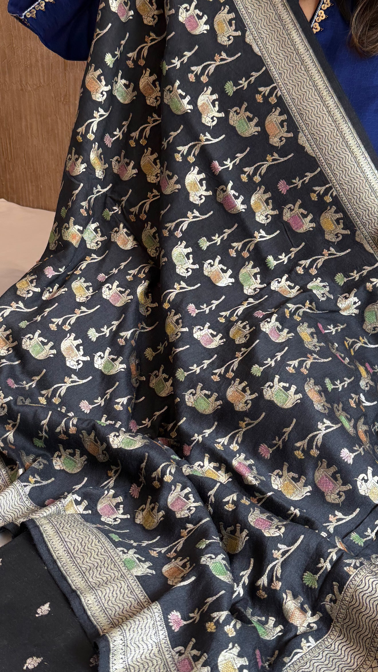 Black moonga silk elephant motif kadhwa weaving suit set