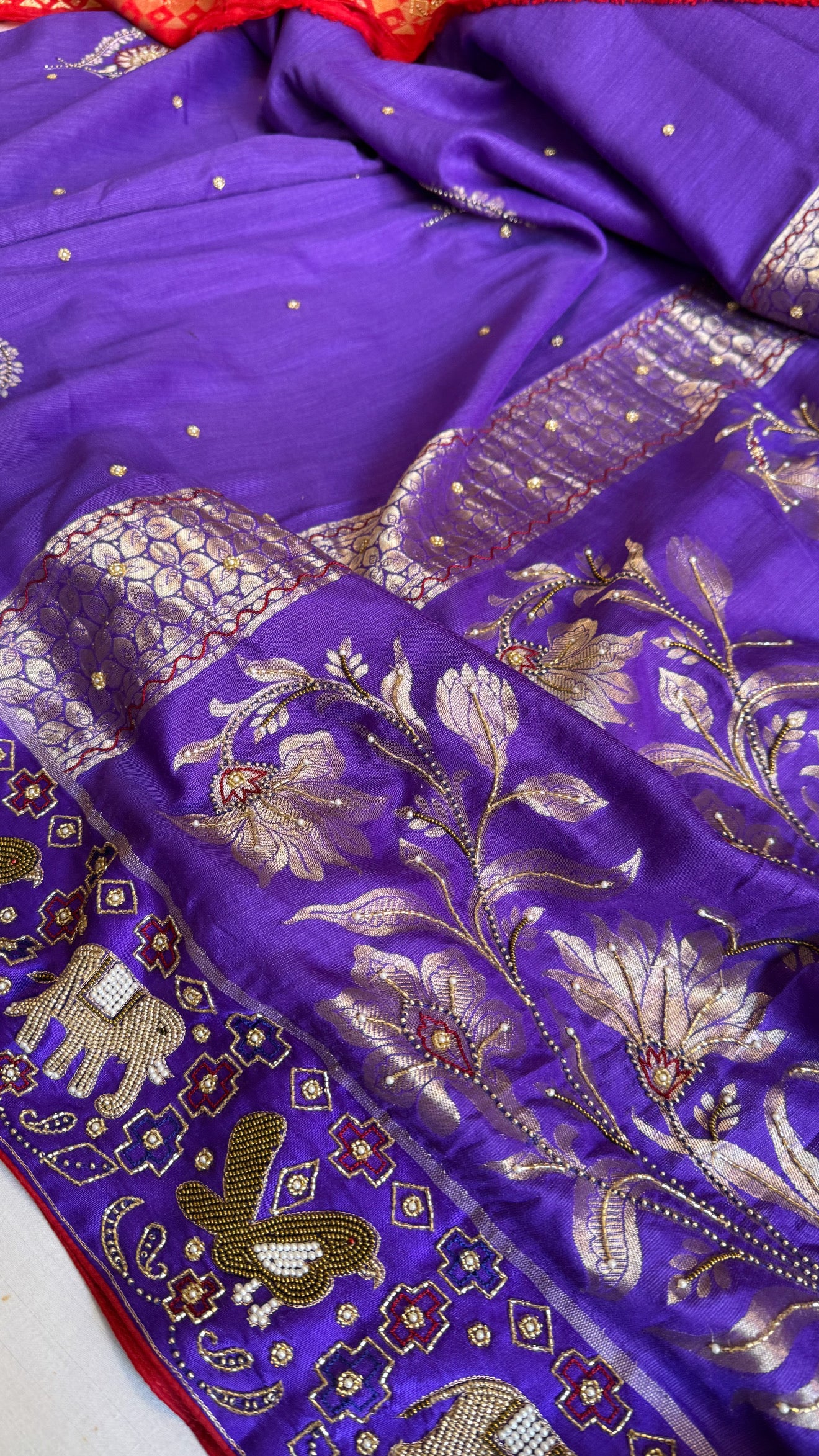 Moonga silk ikkat patola weaving inspired hand embroidered kadhwa saree