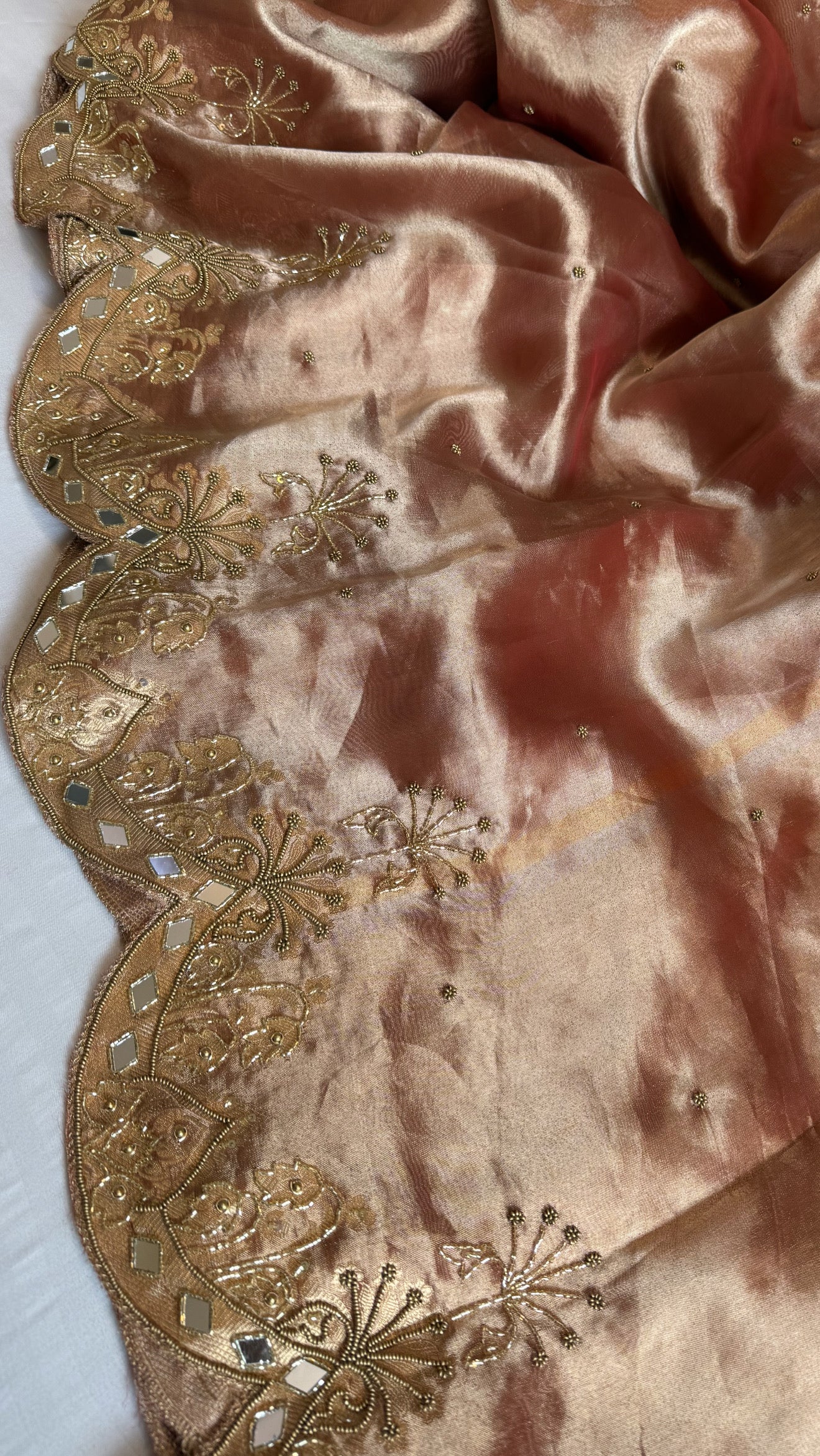 Husn cherry peach tissue silk heavy zardozi hand embroidered saree