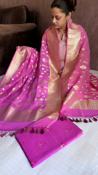 Strawberry pink moonga silk meenedar kadhwa suit set