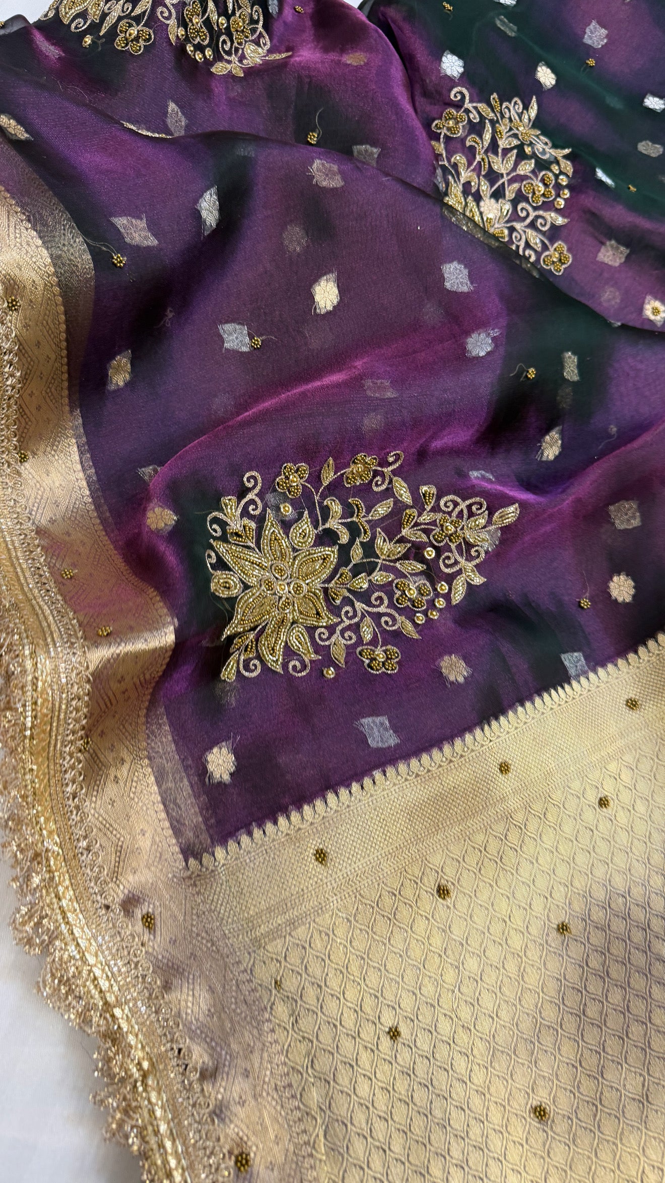 Cocktail edit sarees - brinjal purple tissue silk heavy hand embroidered saree